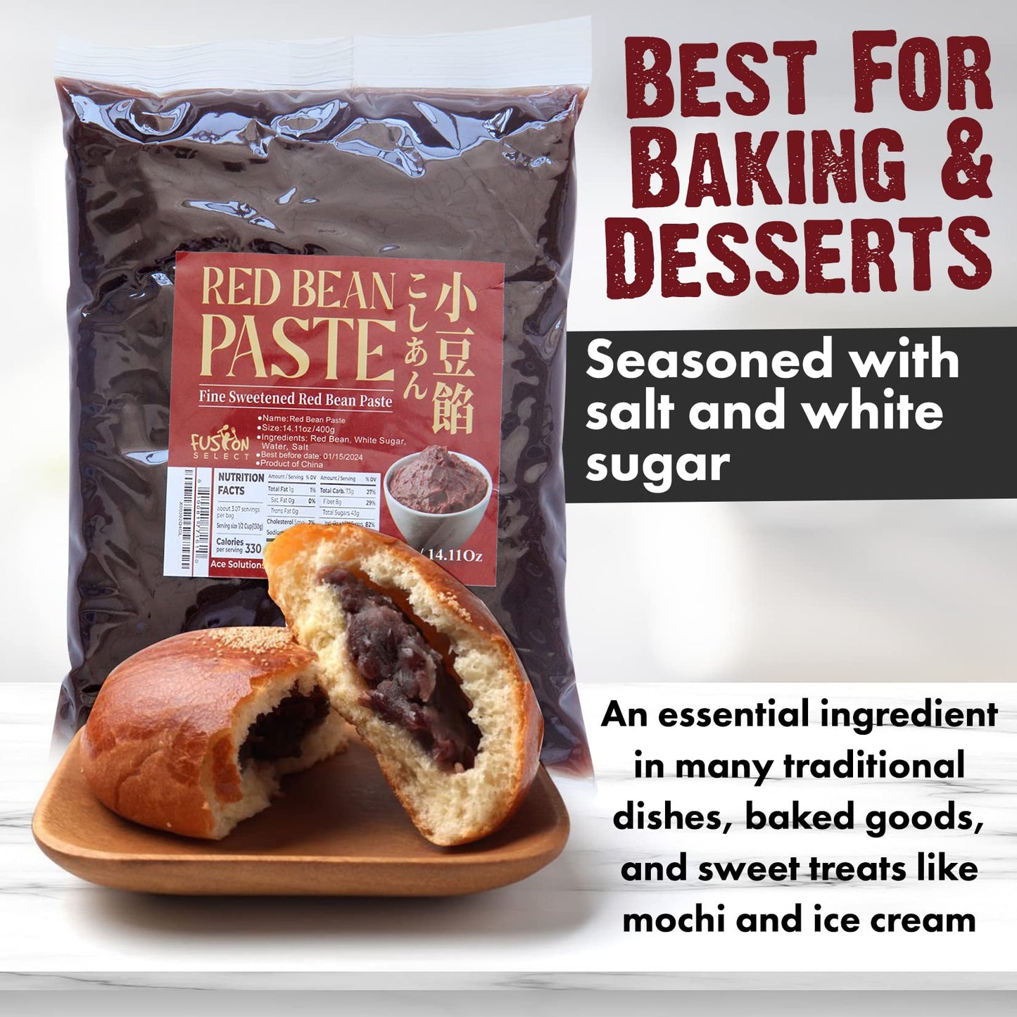 Fusion Select Red Bean Paste - Sweetened Adzuki Bean Paste for Desserts, Buns, Mochi - 3 Packs