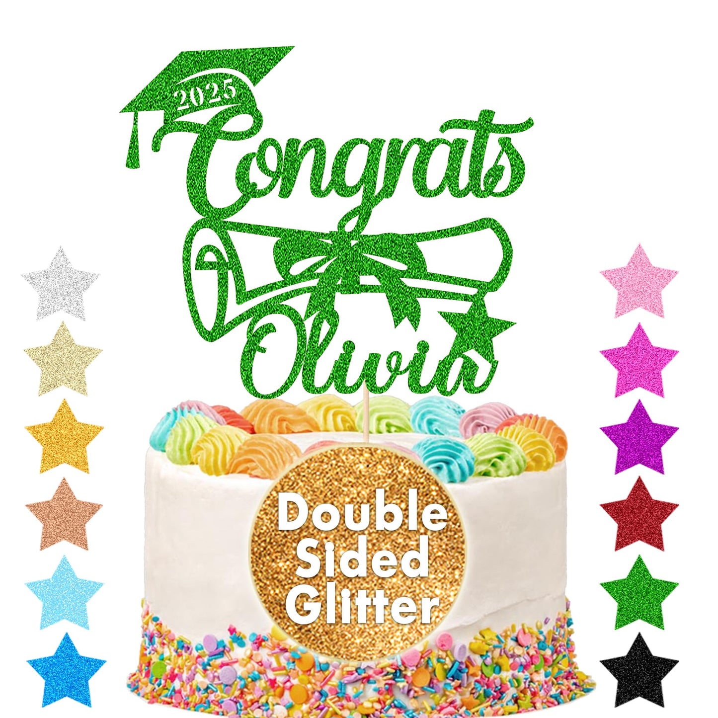 EDSG Personalized Graduation Cake Topper, Double-Sided Glitter, Class of 2025, Green