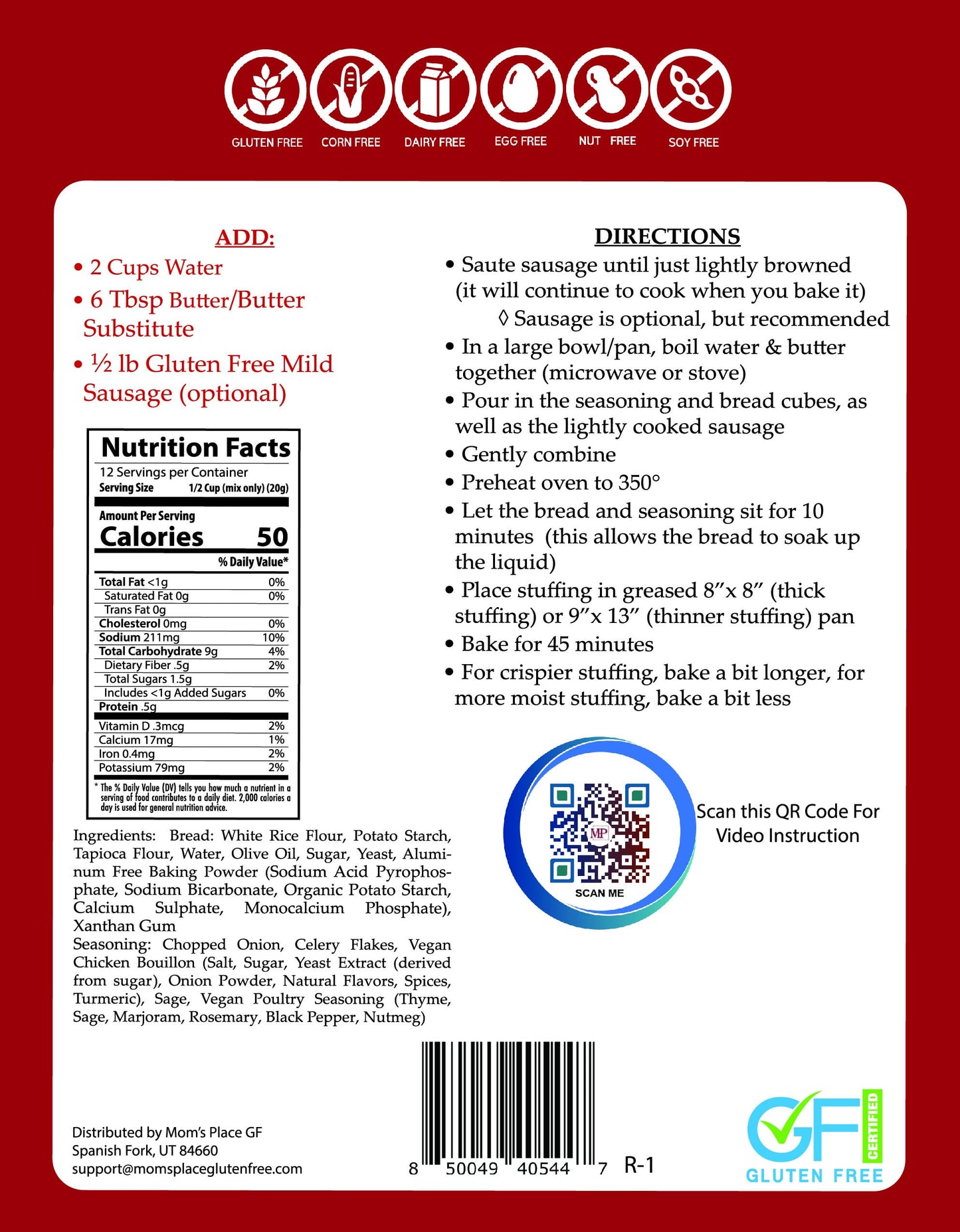 Moms Place Gluten-Free  Egg Free & Dairy Free Sensational Stuffing Mix  Quick & Easy to Make  Vegan  Nut Free & Soy Free  8.5 oz.