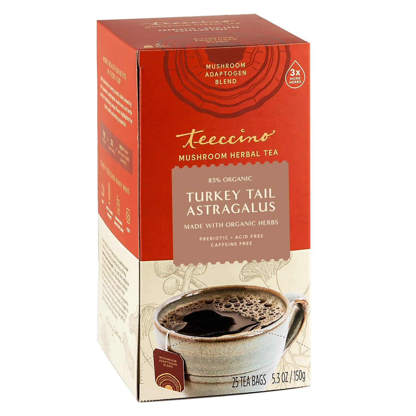 Teeccino Mushroom Herbal Tea - Turkey Tail & Astragalus - Caffeine Free, Prebiotic - 25 Tea Bags