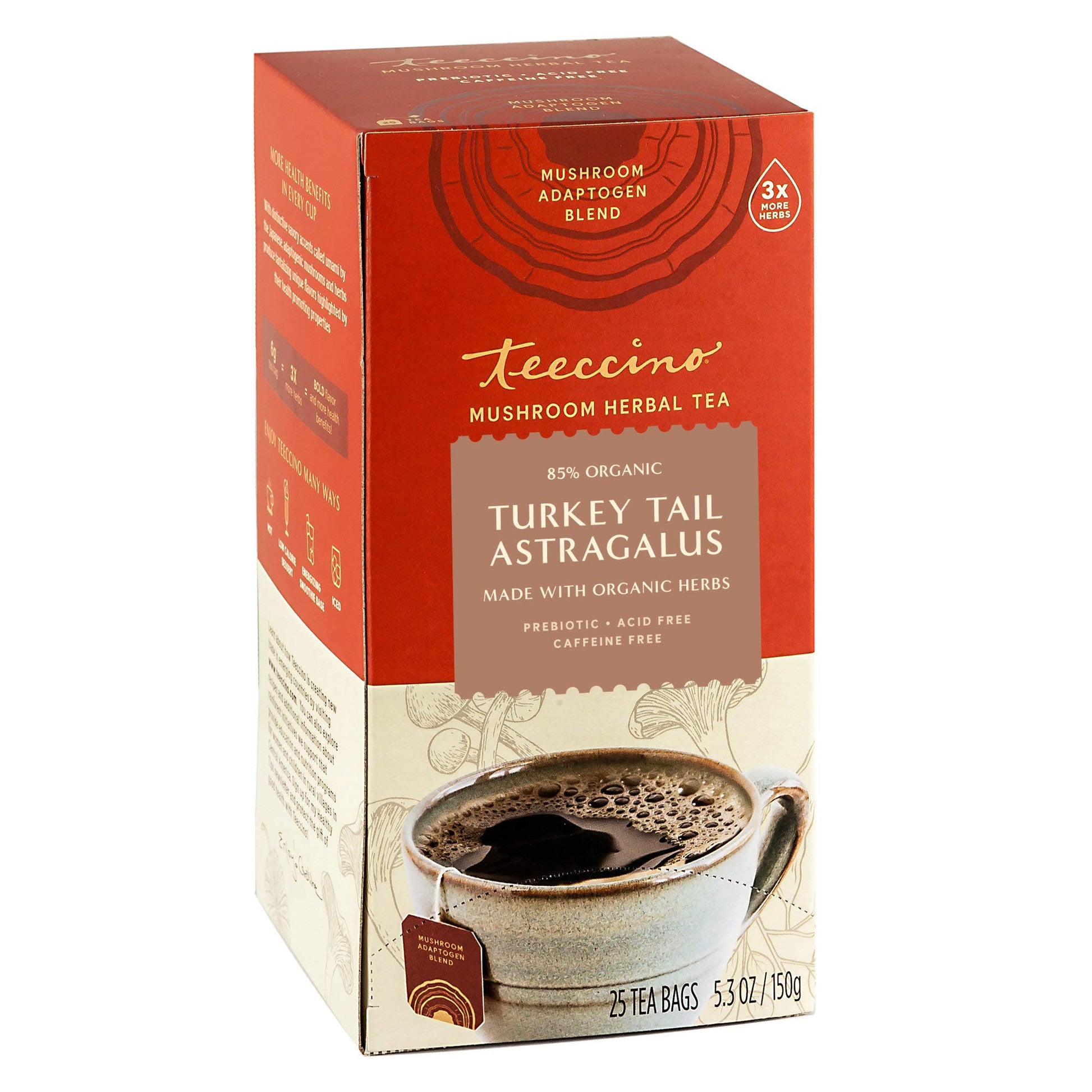 Teeccino Mushroom Herbal Tea - Turkey Tail & Astragalus - Caffeine Free, Prebiotic - 25 Tea Bags