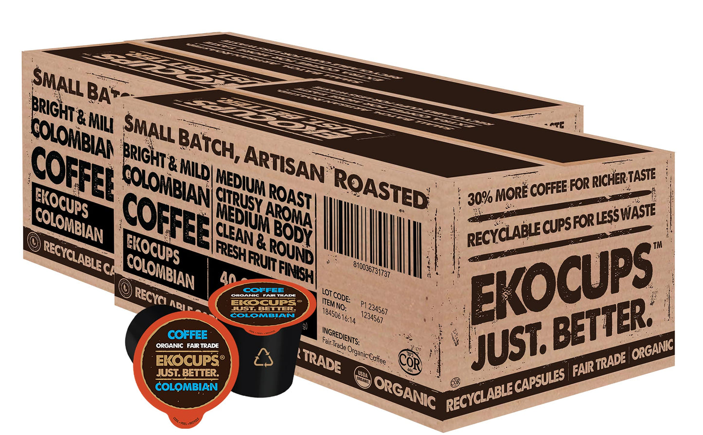 Ekocups Artisan Organic Colombian Coffee Pods, Extra 30% More Coffee Per Cup, Fair Trade Medium Roast, Colombian Roast Coffee Fo