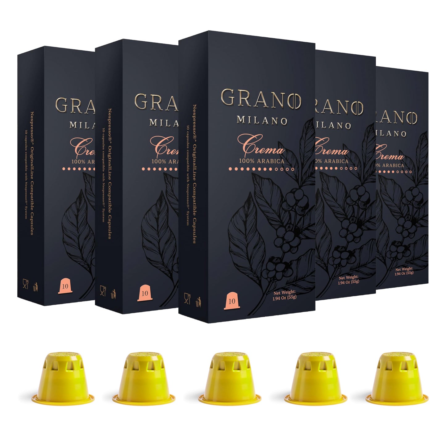 Grano Milano Espresso Pods - 100% Arabica Medium Roast, Compatible with Nespresso Original, Pack of 50, Intensity 8/12