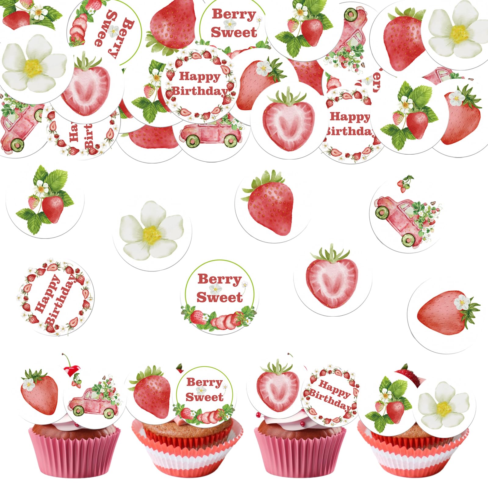 Fyeoxle 48PCS Edible Strawberry Cupcake Toppers Wafer Paper Starwberry Flower Birthday Cake Decoration Sweet Berry Strawberry Ha