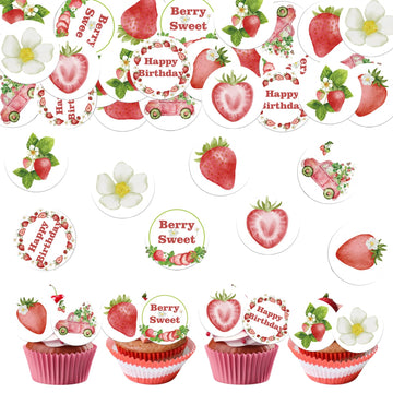Fyeoxle 48PCS Edible Strawberry Cupcake Toppers Wafer Paper Starwberry Flower Birthday Cake Decoration Sweet Berry Strawberry Ha