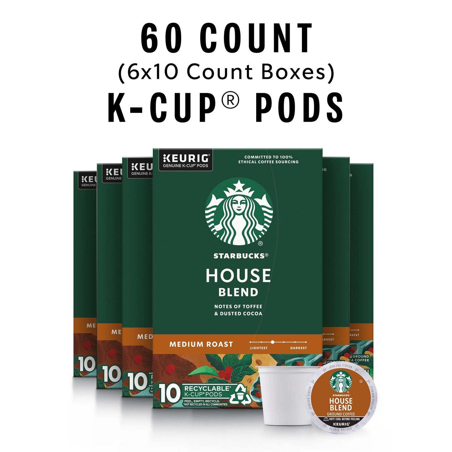 Starbucks K-Cup Coffee Pods, Medium Roast House Blend, 60 Pods Total, 100% Arabica, 10 Count (Pack of 6)