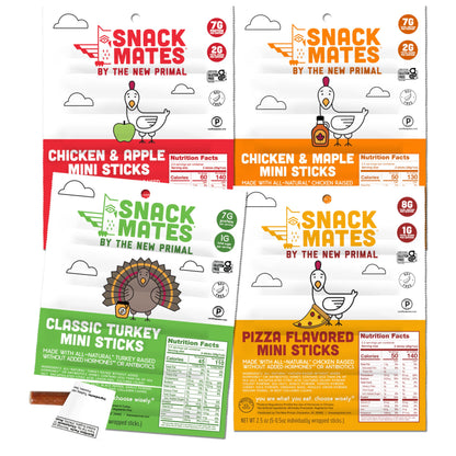 Snack Mates by New Primal Sampler Four Flavor Pack, Mini Meat Sticks, High Protein and Low Sugar Kids Snack, Gluten Free, Soy Fr