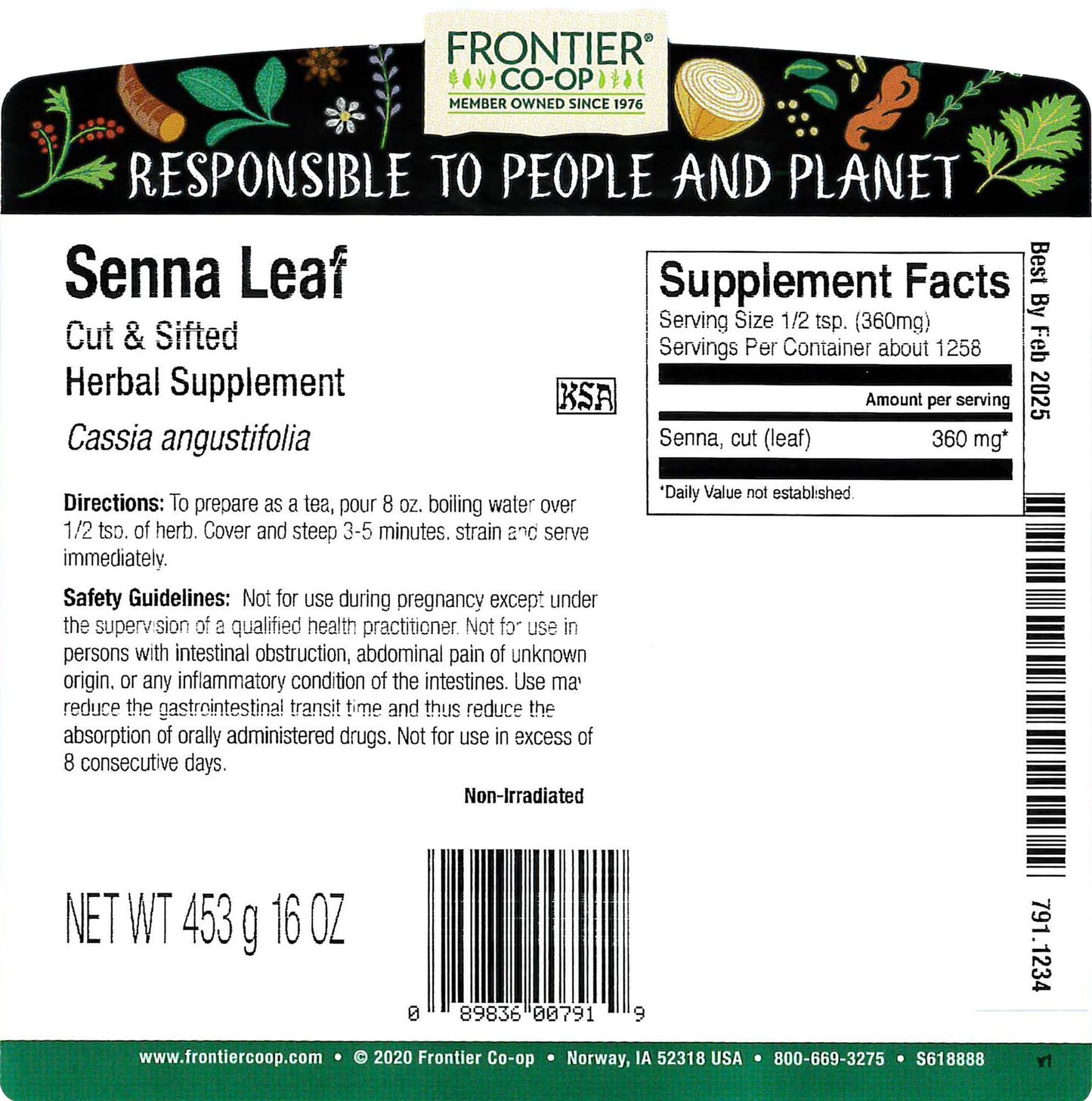 Frontier Co-Op Senna Leaf, Cut & Sifted, 1Lb Bulk Bag - 100% Pure & Natural Senna Leaves - Perfect For Senna Leaf Tea And Herbal Use, Kosher Certified