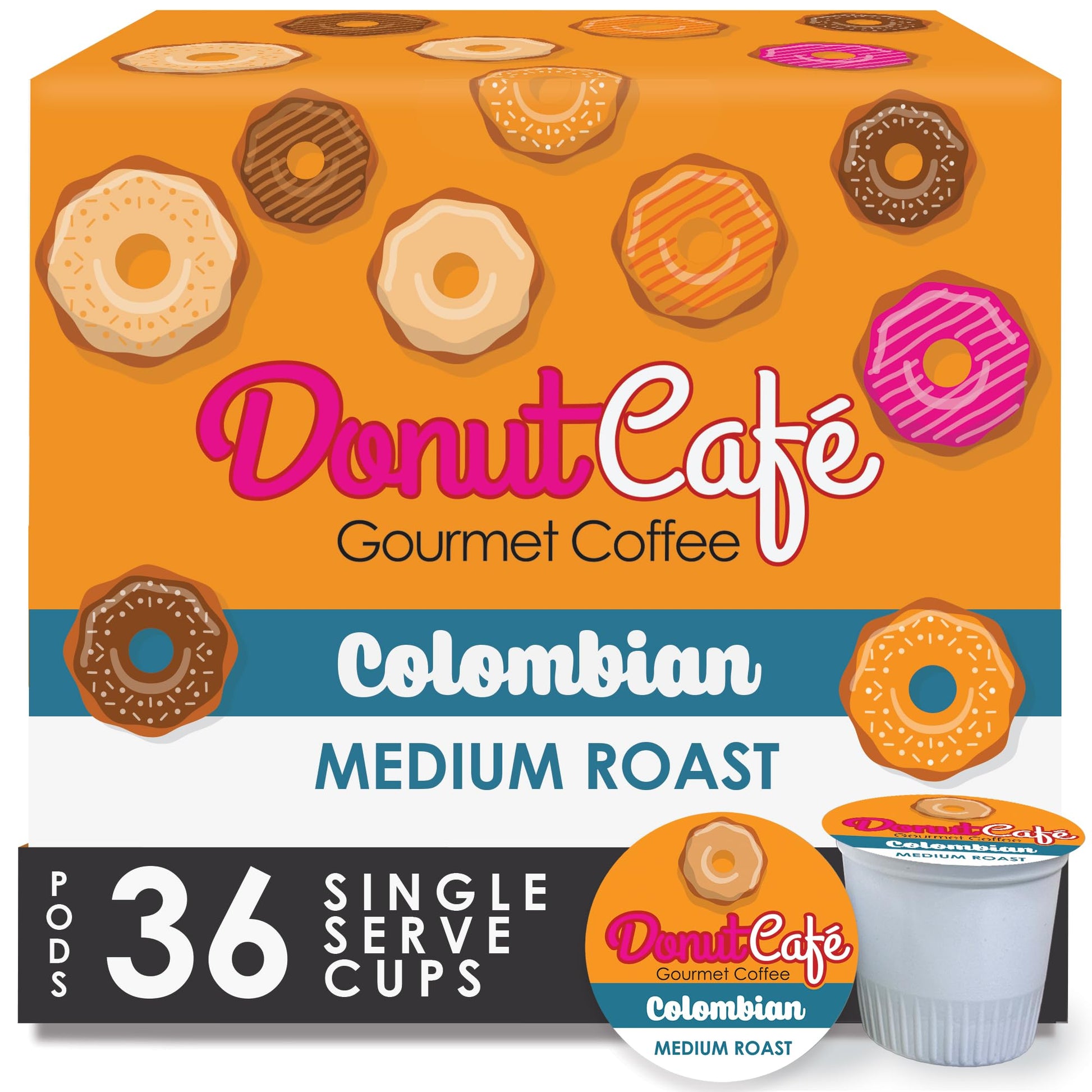 Donut Café - Coffee Gourmet Pods, Colombian Blend, Medium Roast – Non-Gmo, Gluten Free – Compatible With Keurig K Cup Malt-Inspired – Smooth & Delicious – 36 Count