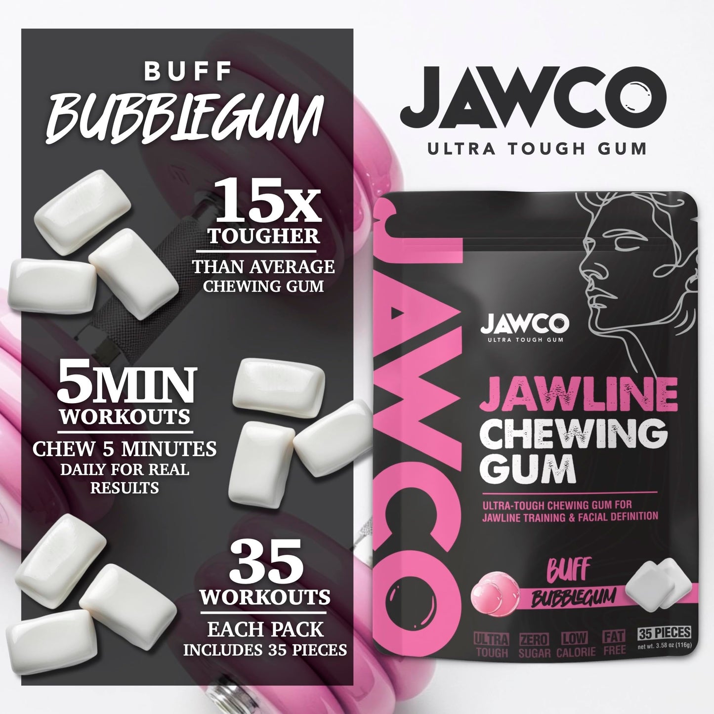 JAWCKO Ultra-Tough Jawline Chewing Gum | Get a Stronger, Squarer Jawline | Bubblegum Jaw Training Hard Gum | 15X Strength | Chis