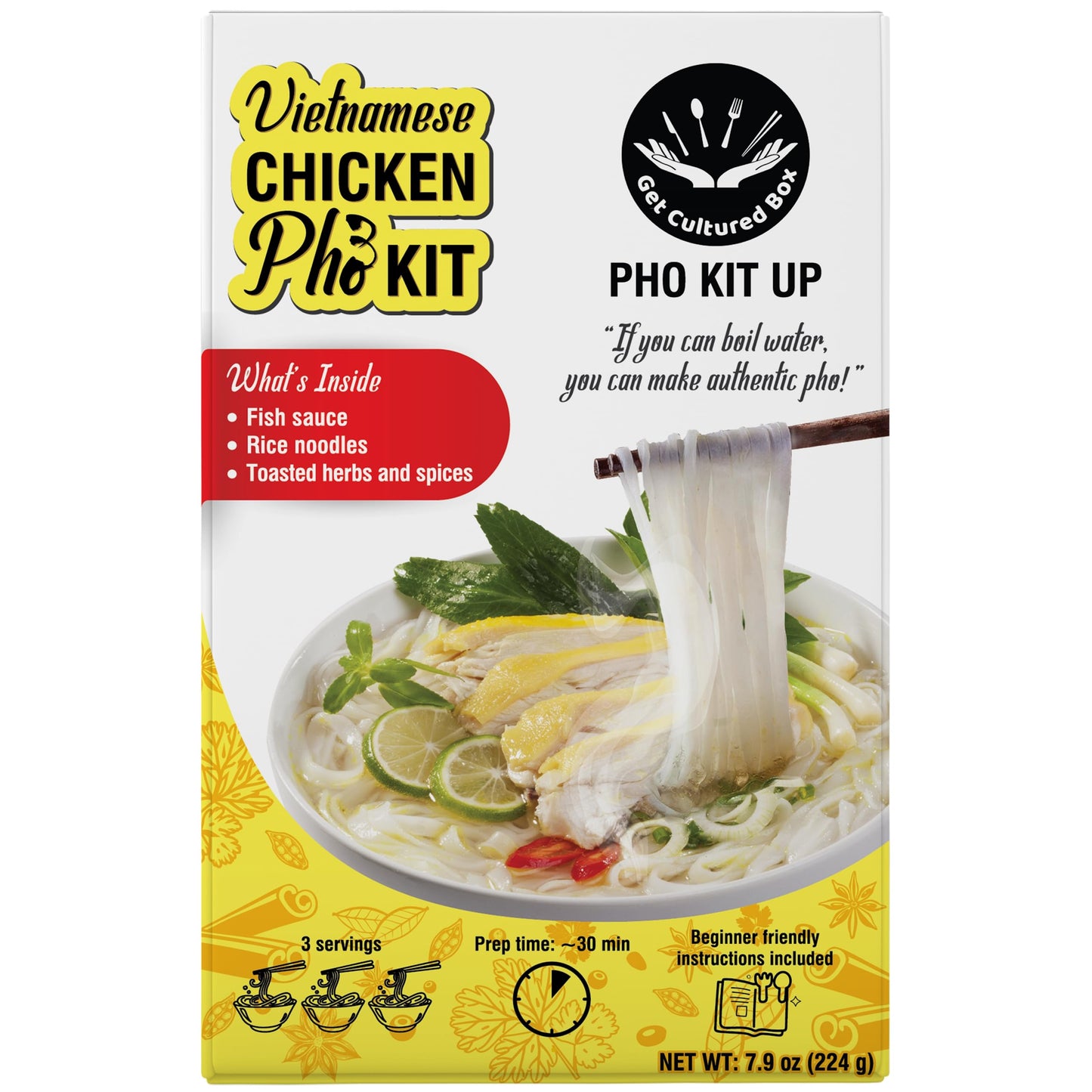 Get Cultured Box Diy Chicken Pho Kit (Ph? G), Make Authentic Vietnamese Pho Broth, Includes Herb Bag, Rice Noodles, 1 Hour Prep