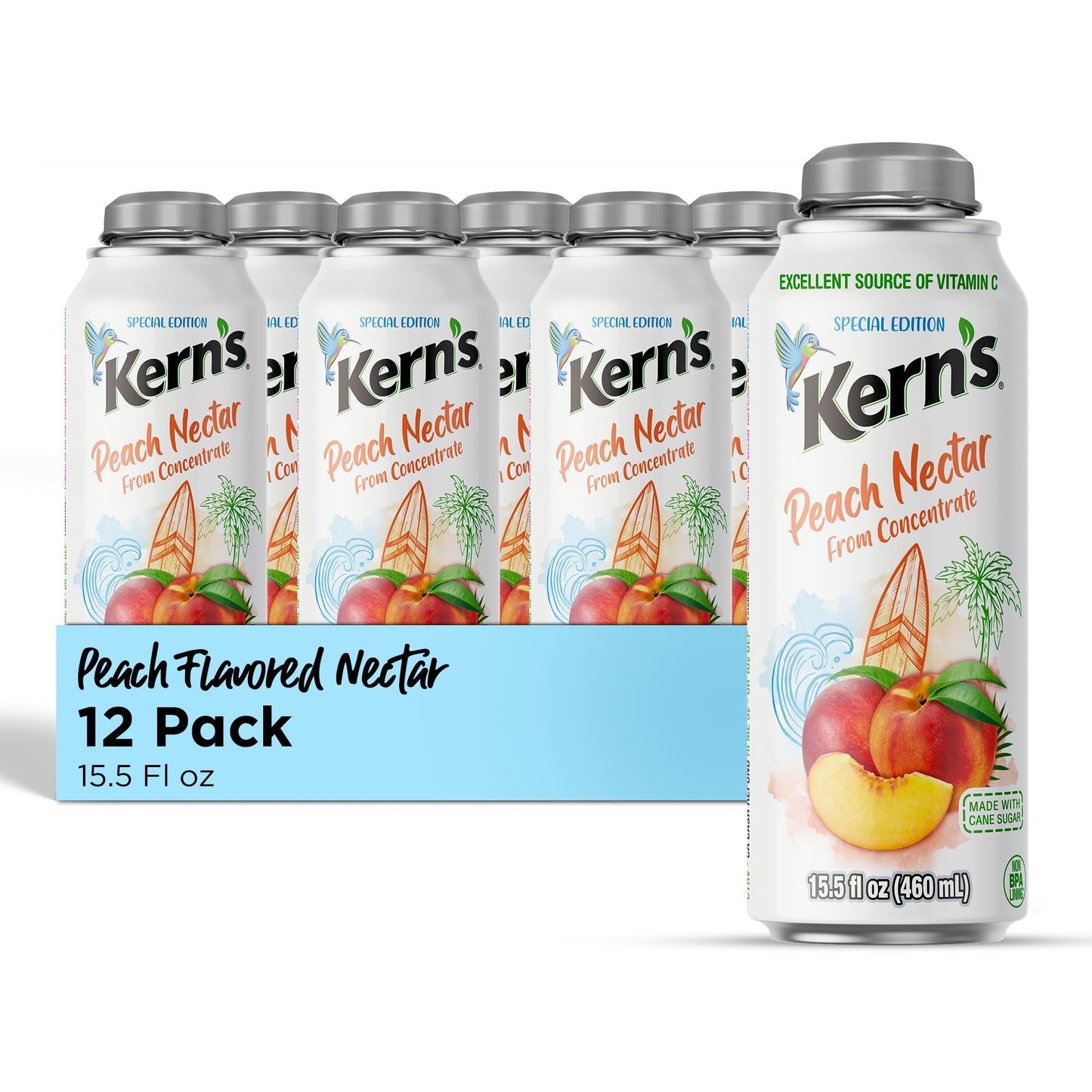 Kerns Peach Nectar Lata Botella - Made with Fresh Fruit Puree & Peach Juice Concentrate for Fruit Smoothie Mix  Cocktail Mixers & Kids Beverages - 15.5oz  12 Pack Resealable Juice Bottles