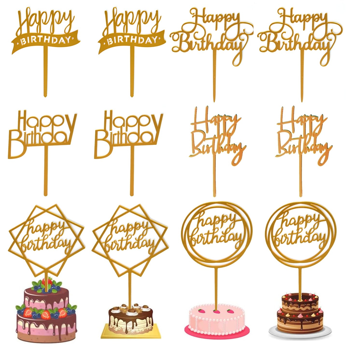 Chewarelly Birthday Cake Topper Set, 12 Pack Acrylic Bunting Decor, Gold, Model HBCTAC04