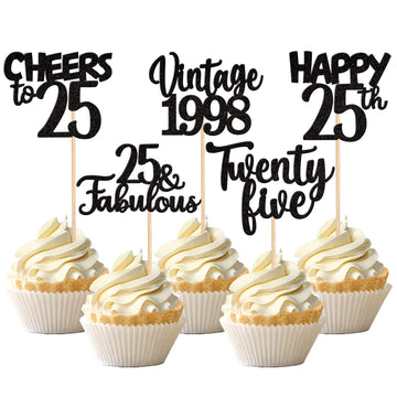30Pcs Happy 25Th Birthday Cupcake Toppers Glitter Twenty Five Vintage 1998 Cupcake Picks 25 Fabulous Cheers To 25 Years Cake Dec