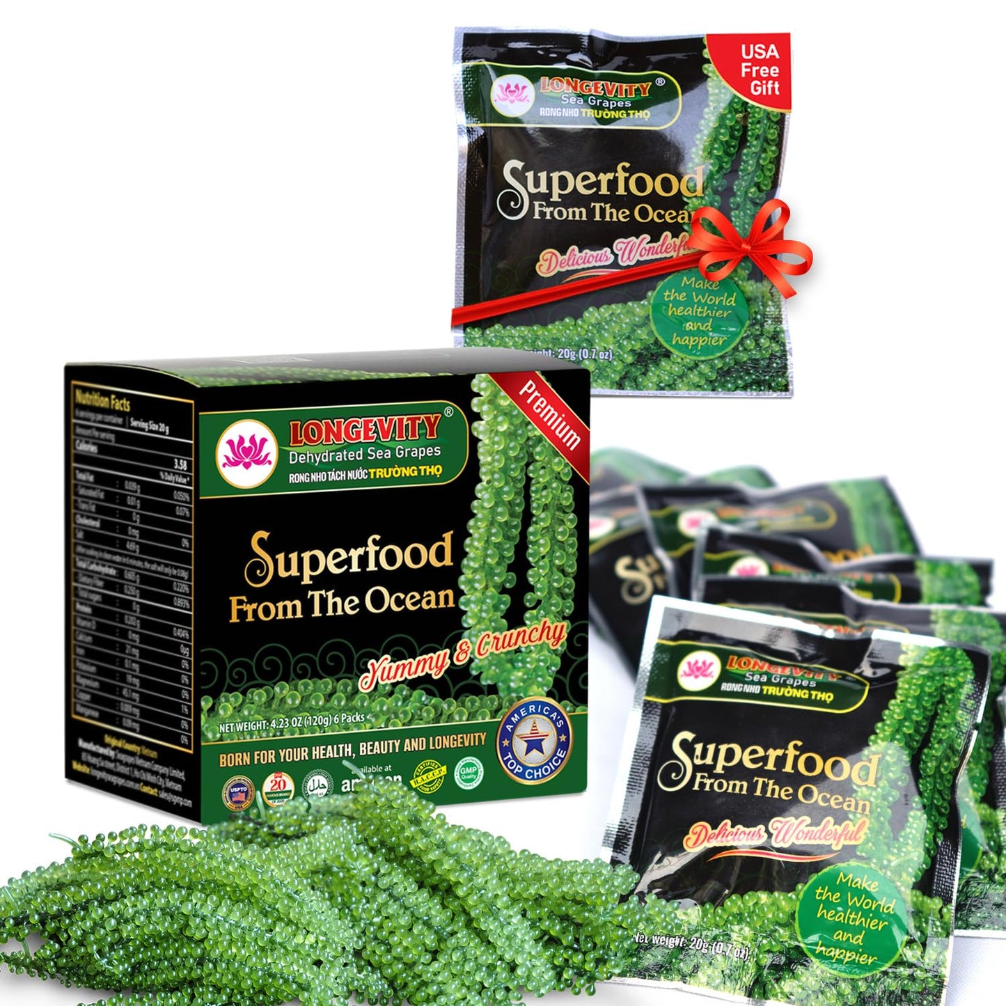 Longevity Dehydrated Sea Grapes, 4.23 Oz Of 6 Packs, Umibudo Green Caviar, Lato Sea , Precious Gift From The Sea | Enhance Health, Boosting Immune System.