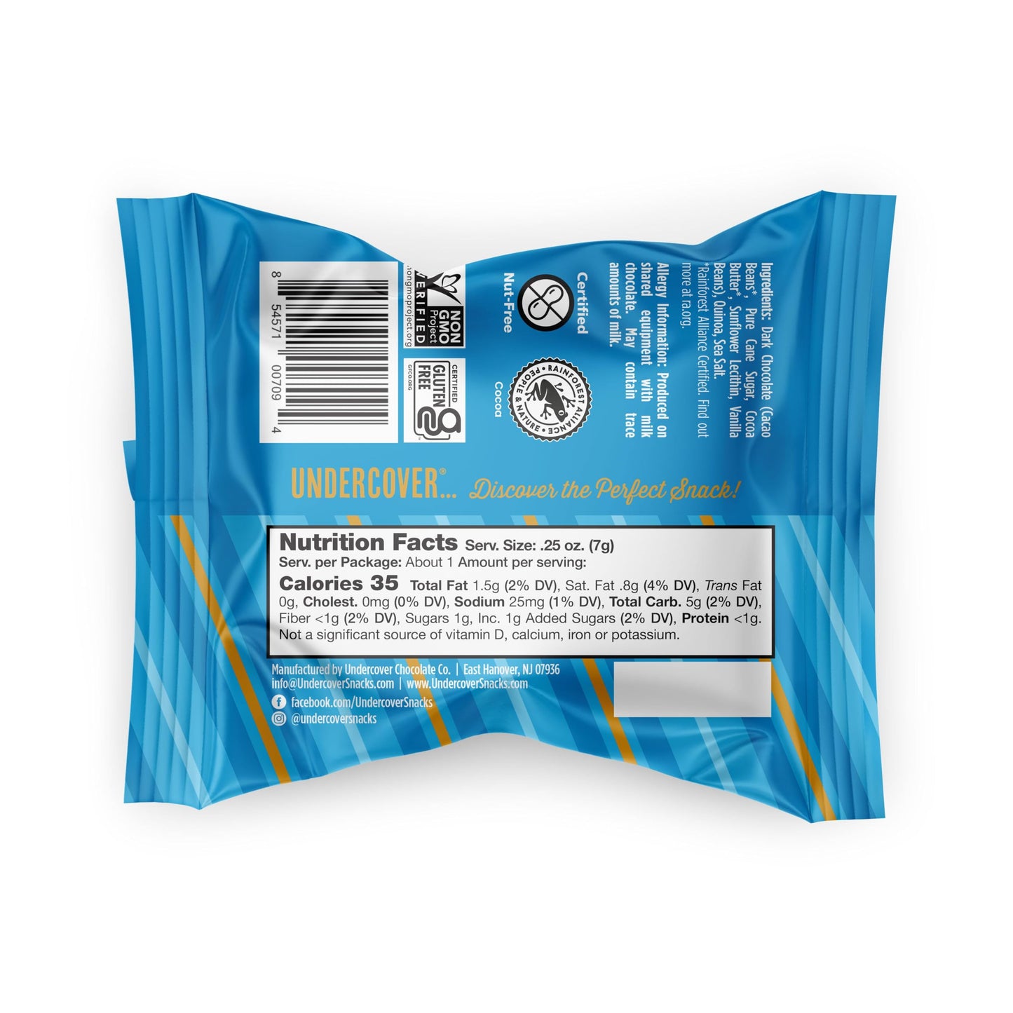 Undercover Chocolate Quinoa Crisps - Dark Chocolate & Sea Salt, 70 Individually Wrapped, Gluten-Free, Nut-Free, Plant-Based, 0.25 oz
