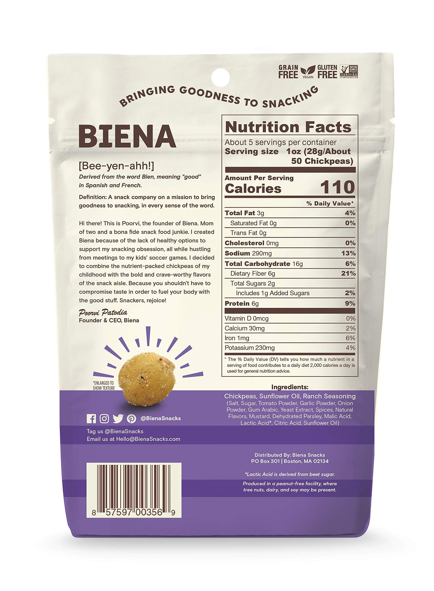 Biena Rockin Ranch Chickpea Snacks  Gluten Free  Vegan  Dairy Free  Plant-Based Protein (Single 5 Oz. Bag)