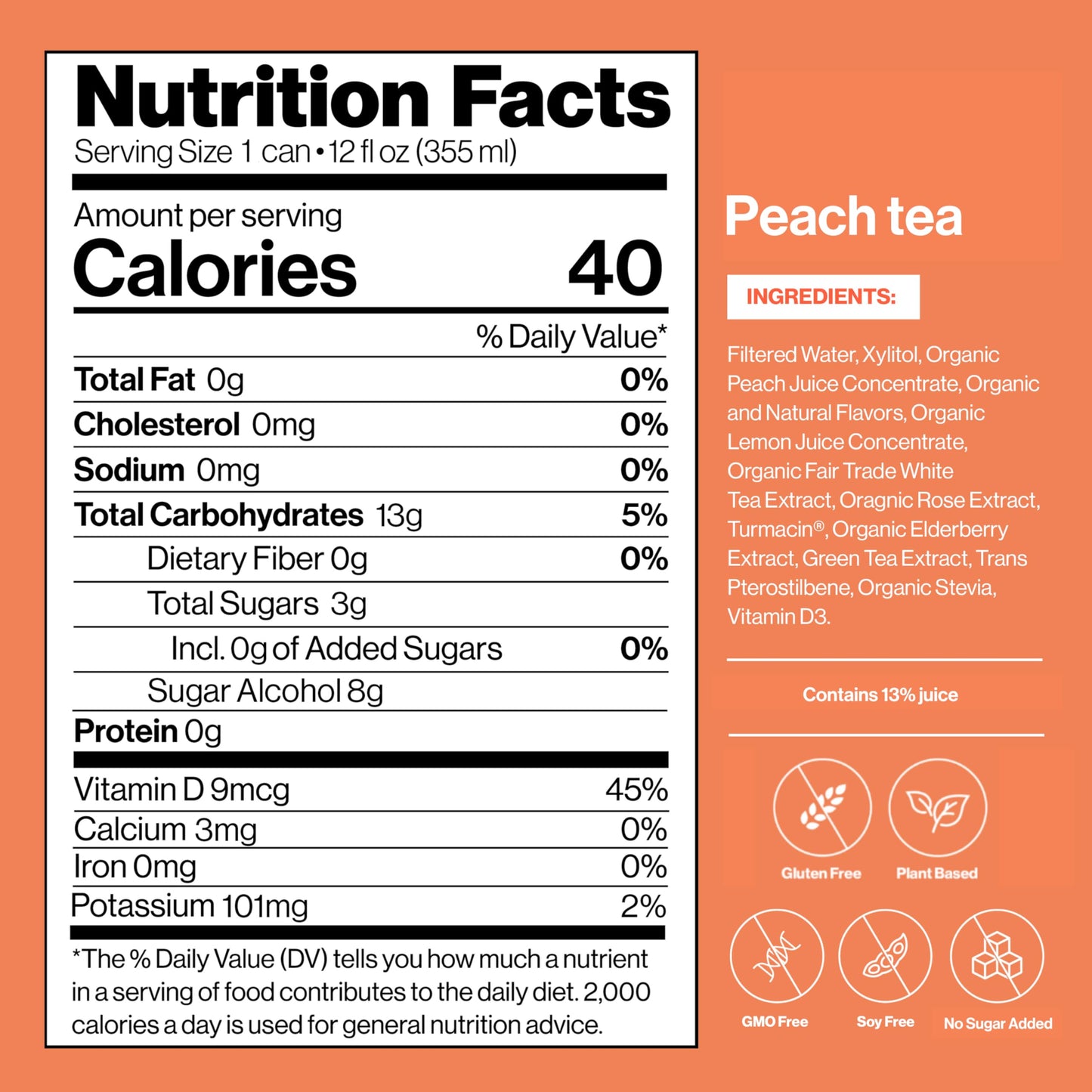 Happy Being Sparkling Peach Rose White Tea, Infused with Turmeric & Elderberry, Caffeine Free, 12oz, 4 Pack
