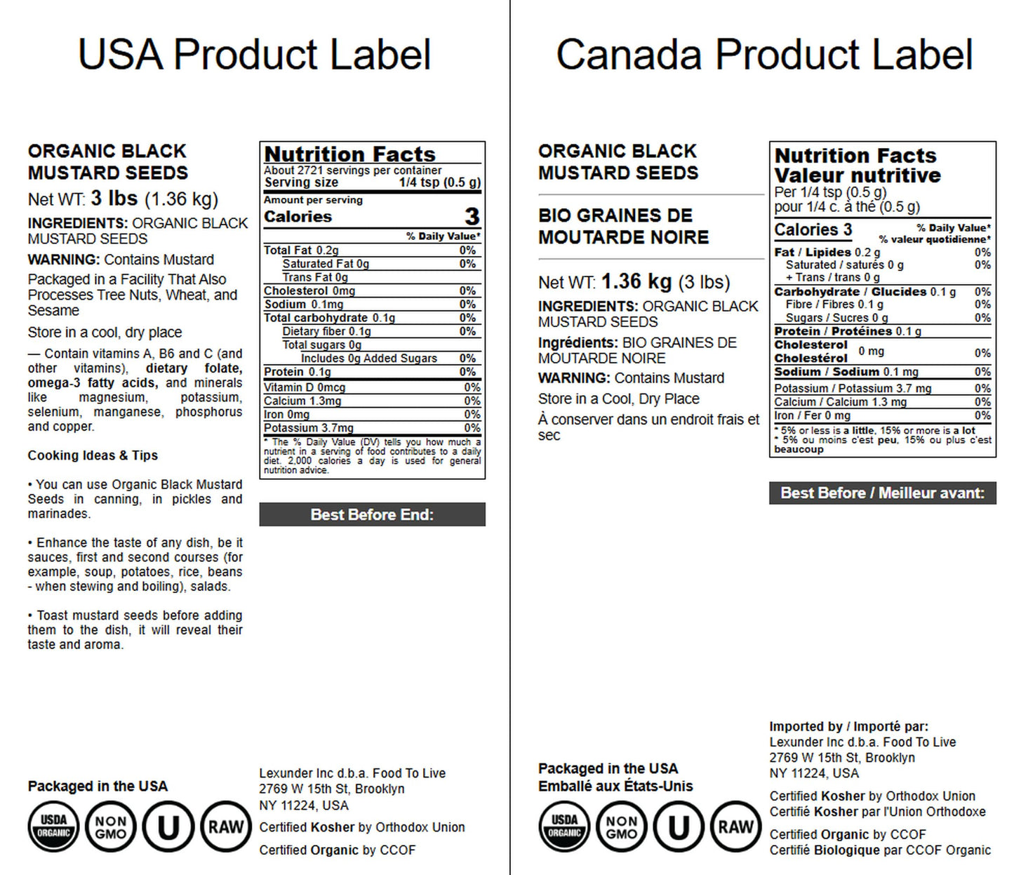 Food To Live - Organic Black Mustard Seeds, 3 Pounds - Non-Gmo, Whole Hot Spice, Non-Irradiated, Vegan, Kosher, Bulk. High In Pr