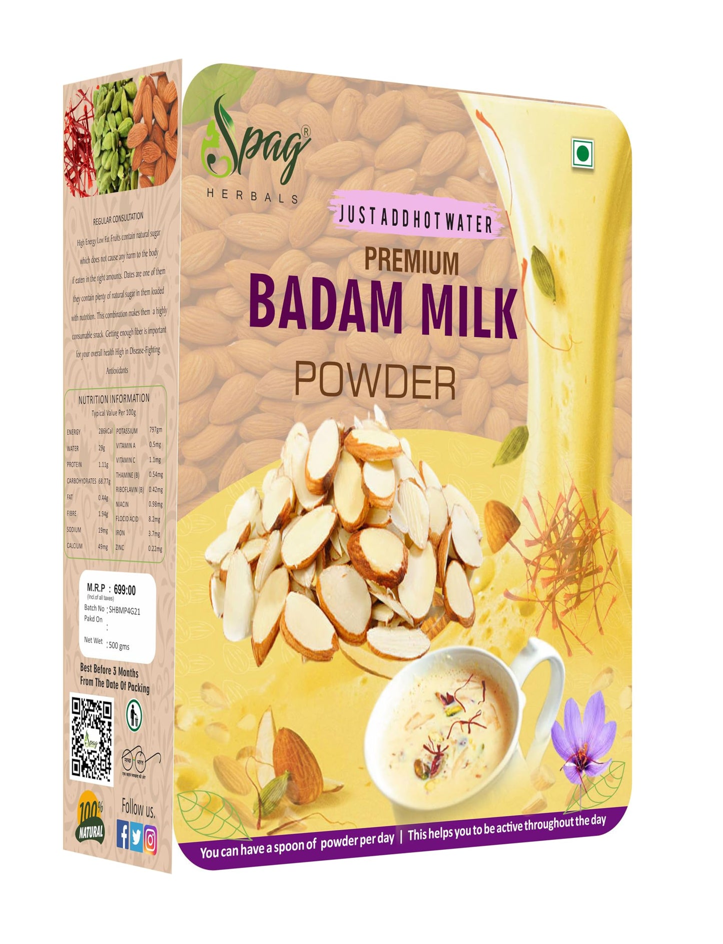 Spag Herbals Instant badam mix milk drink kashmiri kesar Saffron mix with real bits mixed milk DRINK powder 1 KG (JUST ADD HOT W