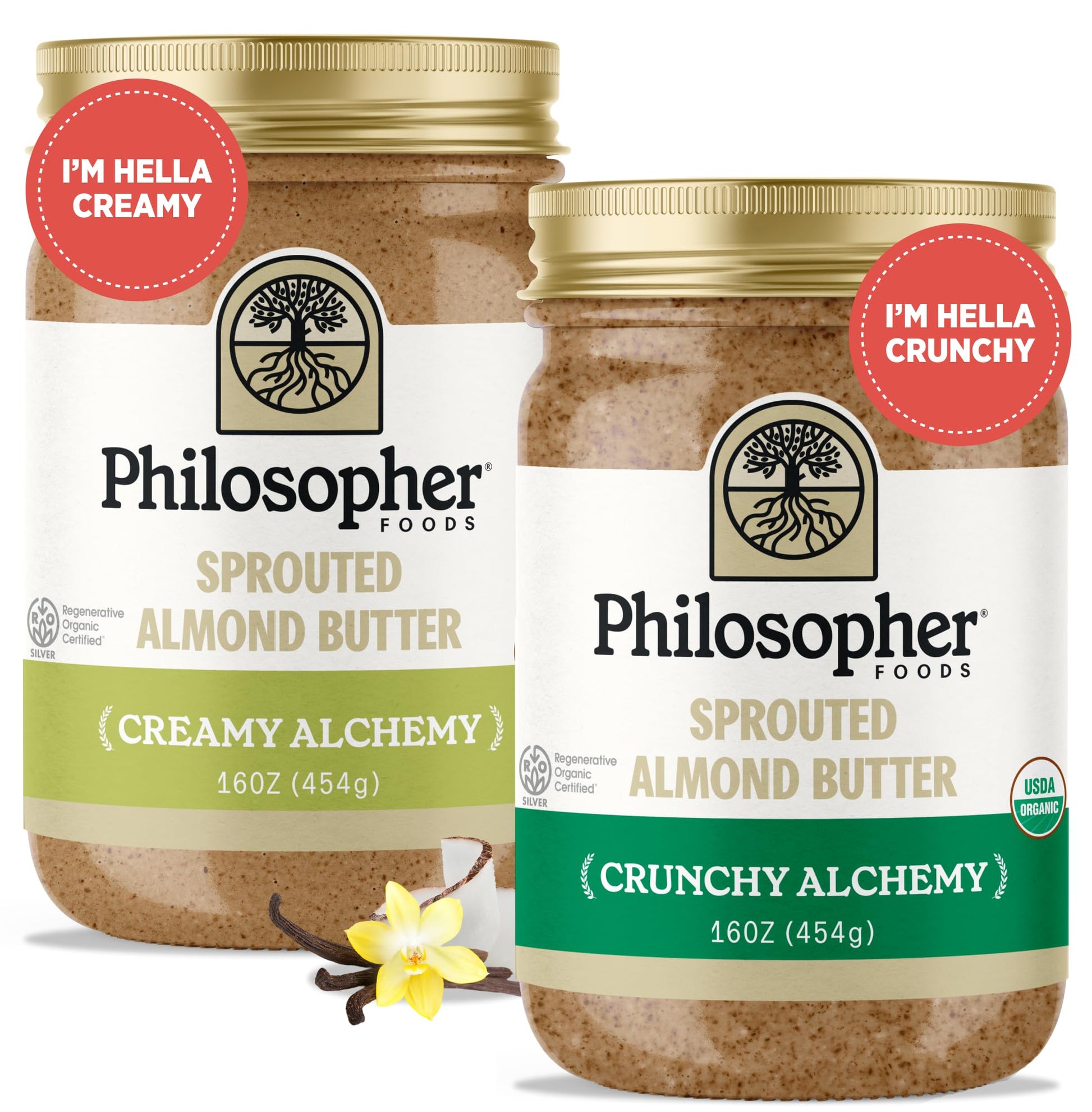Philosopher Foods - Creamy + Crunchy Alchemy Sprouted Almond Butter - 16 oz (Pack of 2) - Stone Ground Regenerative Organic Crea