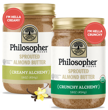Philosopher Foods - Creamy + Crunchy Alchemy Sprouted Almond Butter - 16 oz (Pack of 2) - Stone Ground Regenerative Organic Crea