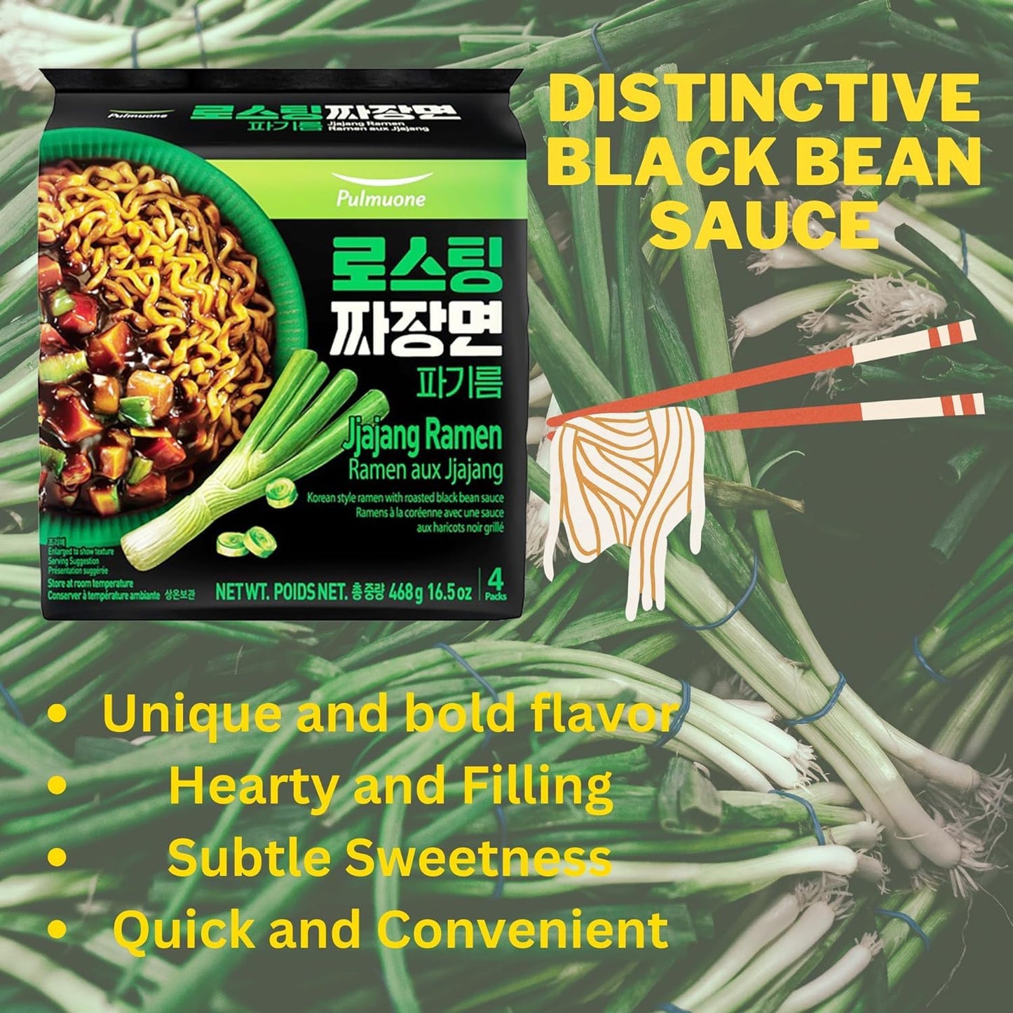 Ohmarket Pulmuone Black Bean Scallion Leek Oil Infused Black Bean Instant Noodles - 4 Pack (117G Each)