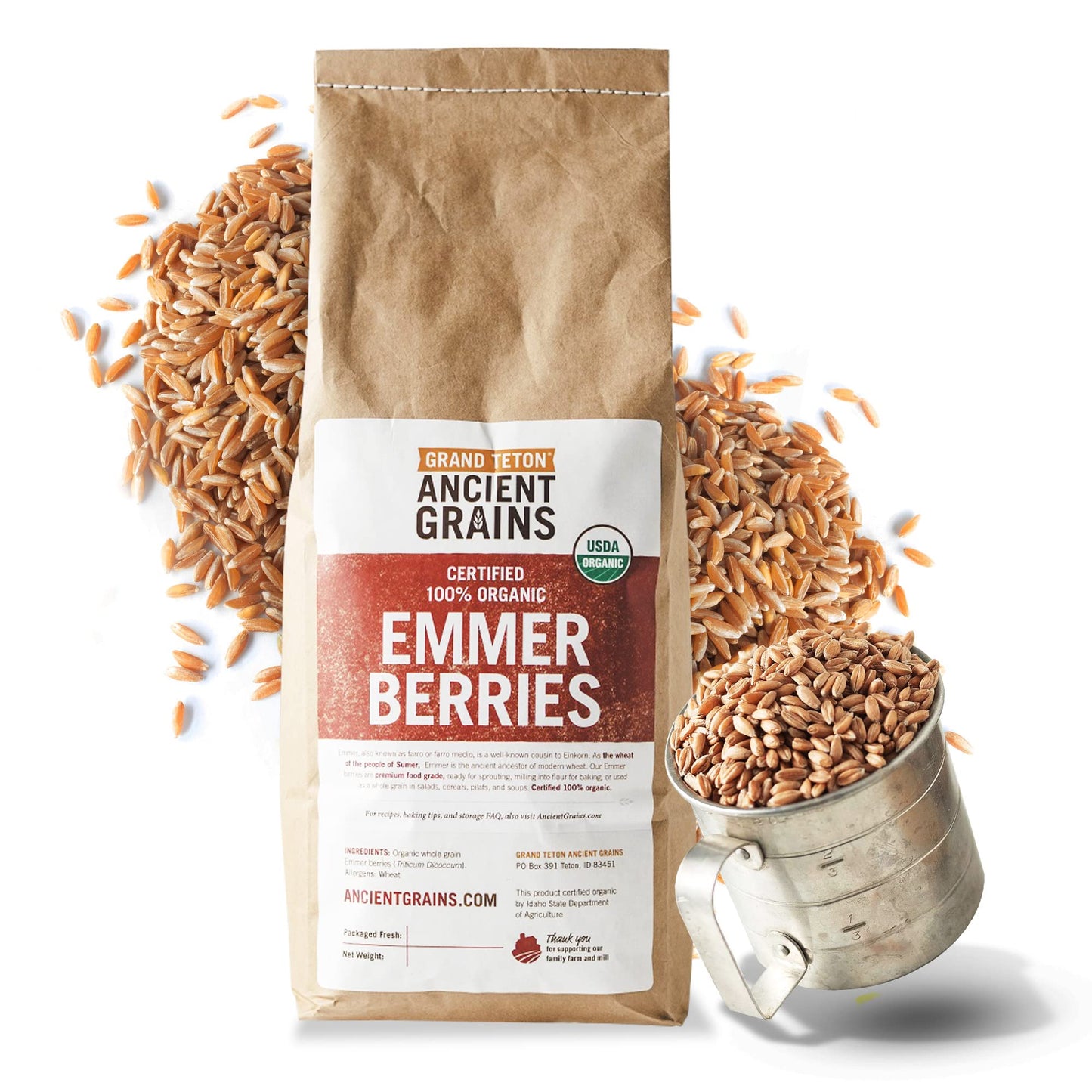 Grand Teton Emmer Wheat Berries, Organic, Premium Food-Grade, 5 lbs