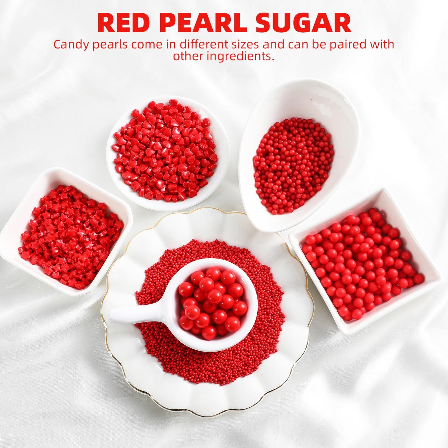 Kasvan Red Pearl Sprinkles, 6 Sizes Mix For Cake Decorating, 230G/8.1Oz, Baking Cake Decorations, Ice Cream Toppings And Cookie