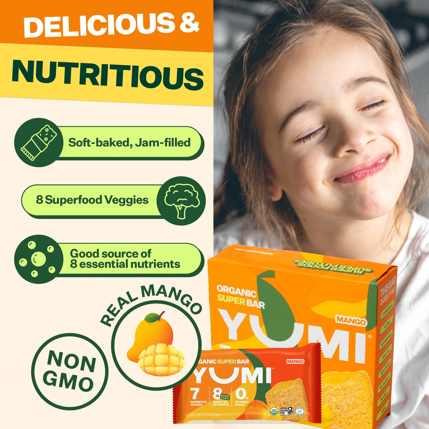 YUMI Organic Breakfast Superbar, Gluten-Free, No Added Sugar, 30ct, Mango Flavor