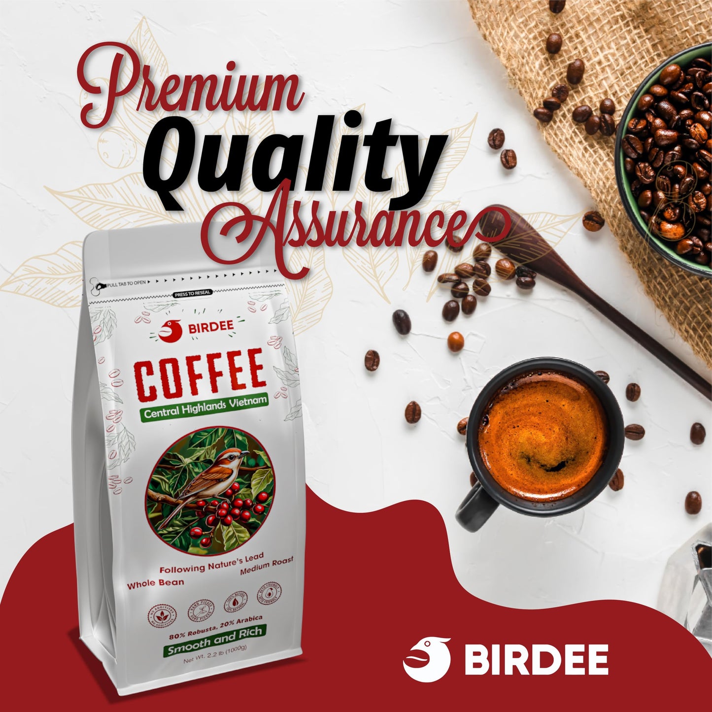 Birdee Vietnamese Coffee Beans - Medium Roast Robusta Arabica Blend, 2.2 LB, Whole Bean, Low Acidity, Fresh Resealable Bag