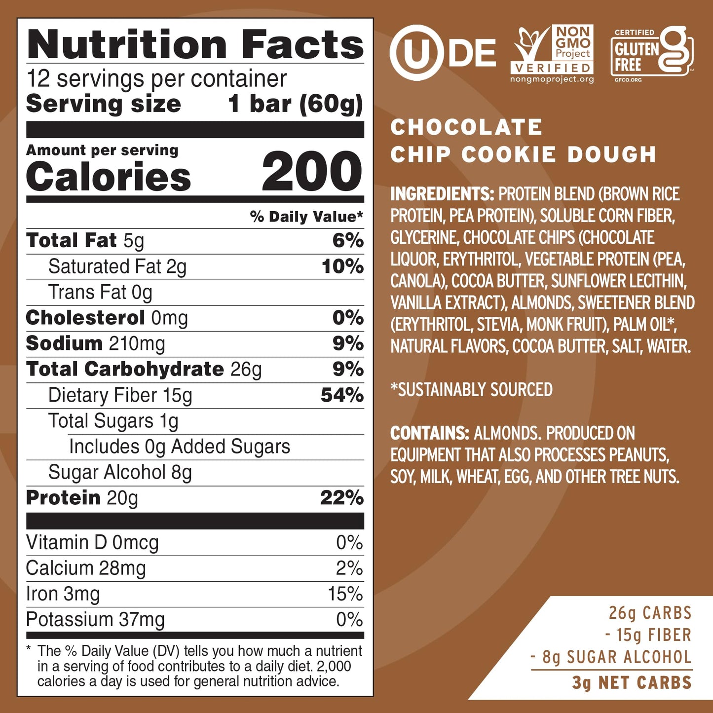 No Cow High Protein Bars, Chocolate Chip Cookie Dough - Healthy Snacks, 20G Vegan Protein, High Fiber, Low Sugar, Keto Friendly,