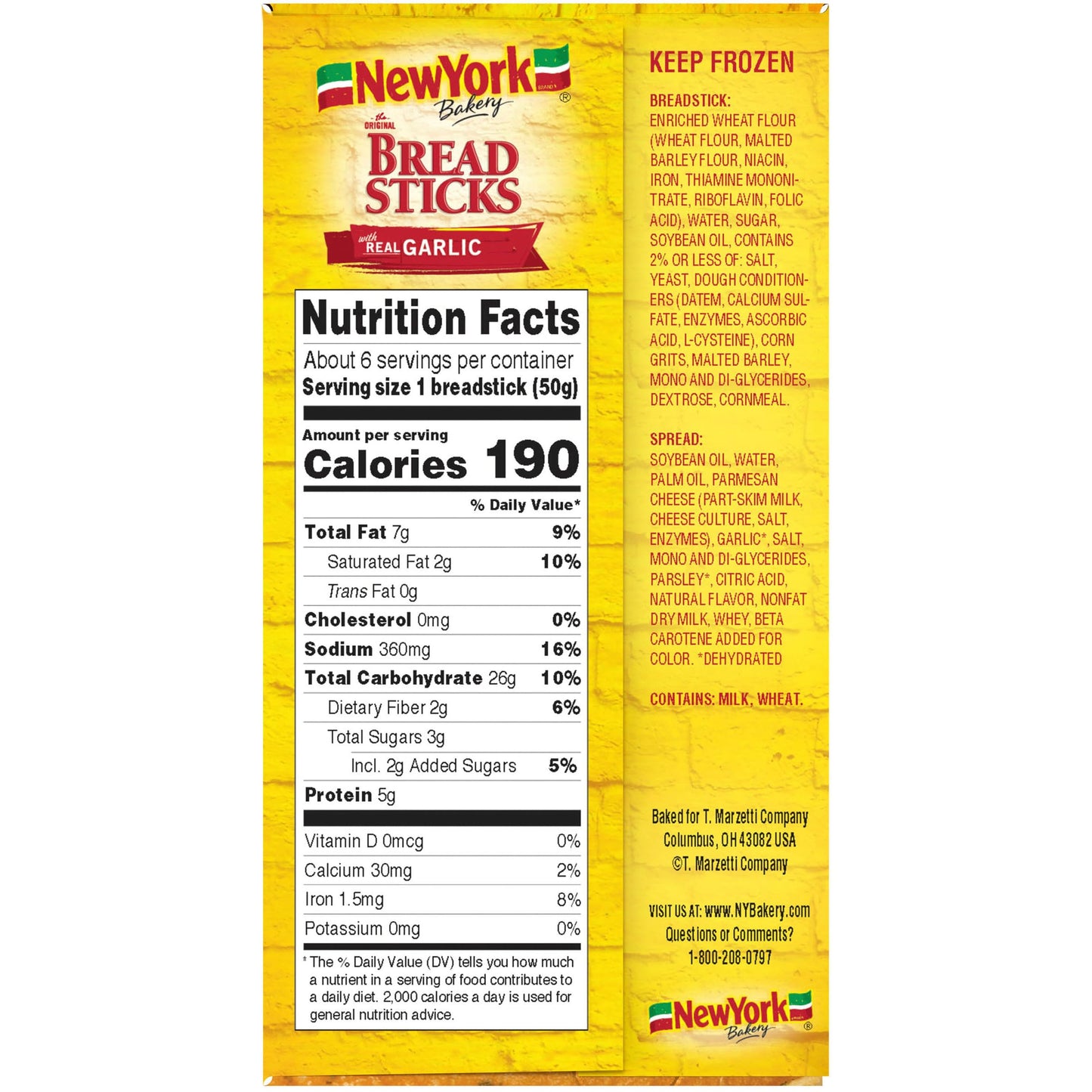 New York Bakery Breadsticks With Real Garlic, 10.5 Oz, 6 Count Box (Frozen)