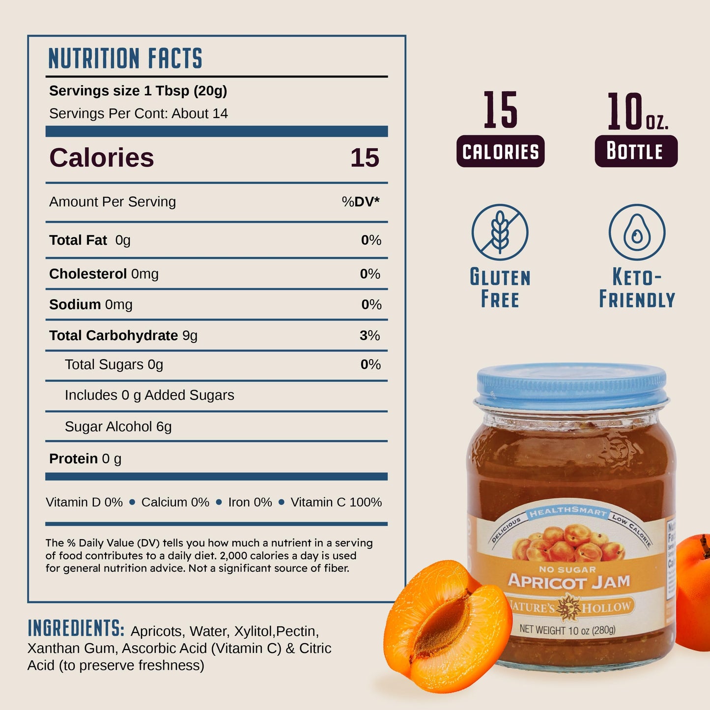Nature'S Hollow Apricot Jam: Sugar Free Jam And Preserves, Low Cal, Non Gmo, Keto Jam, Vegan, Gluten Free, And Diabetic Friendly