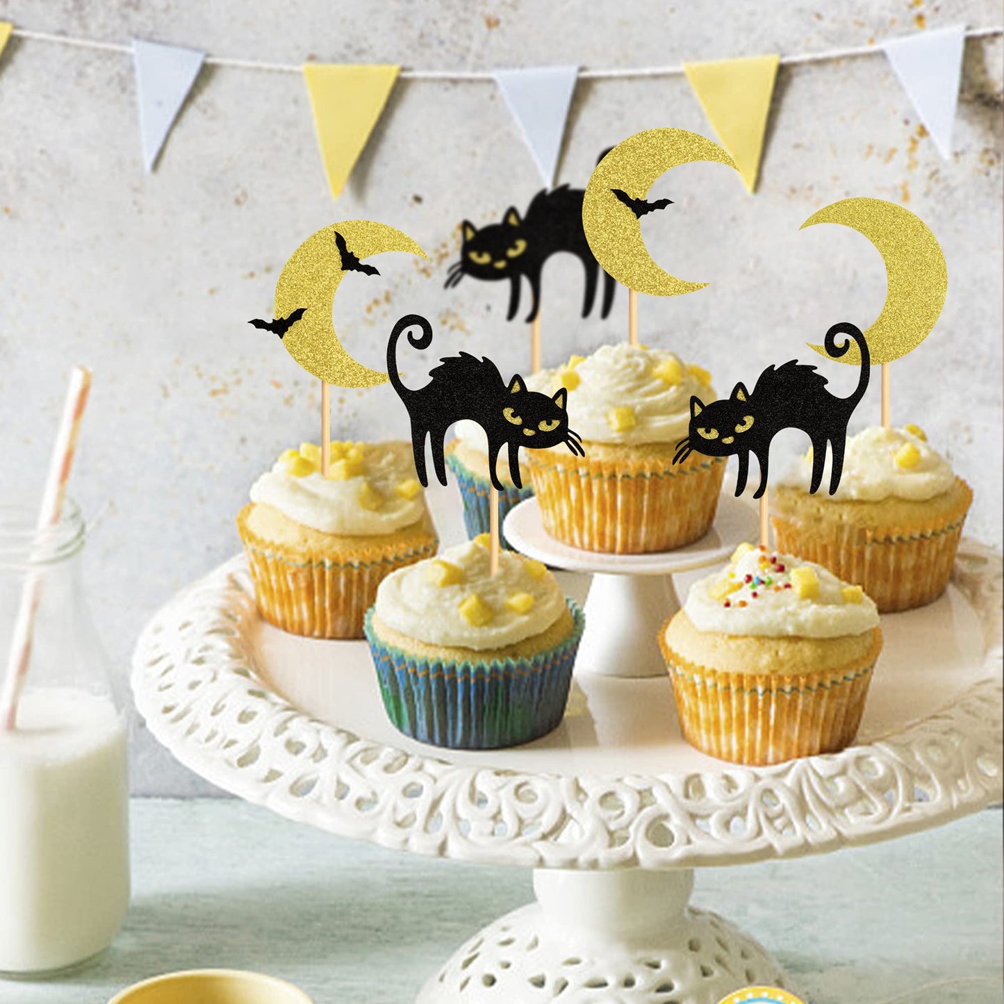 Ercadio 24 Pack Cat Halloween Cupcake Toppers Moon Bat Cupcake Picks Halloween Themed Birthday Party Cake Decorations Supplies