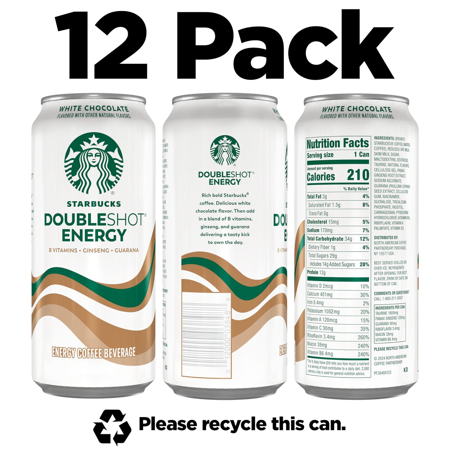 Starbucks Doubleshot Energy Drink Coffee Beverage, White Chocolate, Iced Coffee, 15 Fl Oz Cans (Packaging May Vary) (Pack Of 12)