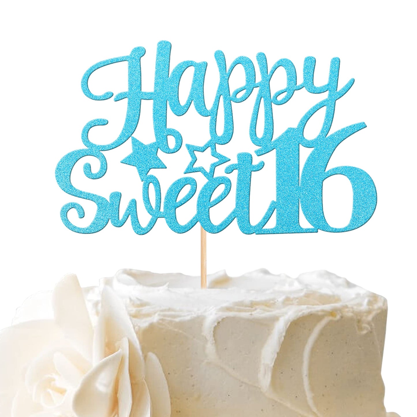 YCTHUNFISH Happy Sweet 16 Cake Topper, Glitter 16th Birthday Decoration, Light Blue, Bamboo Material