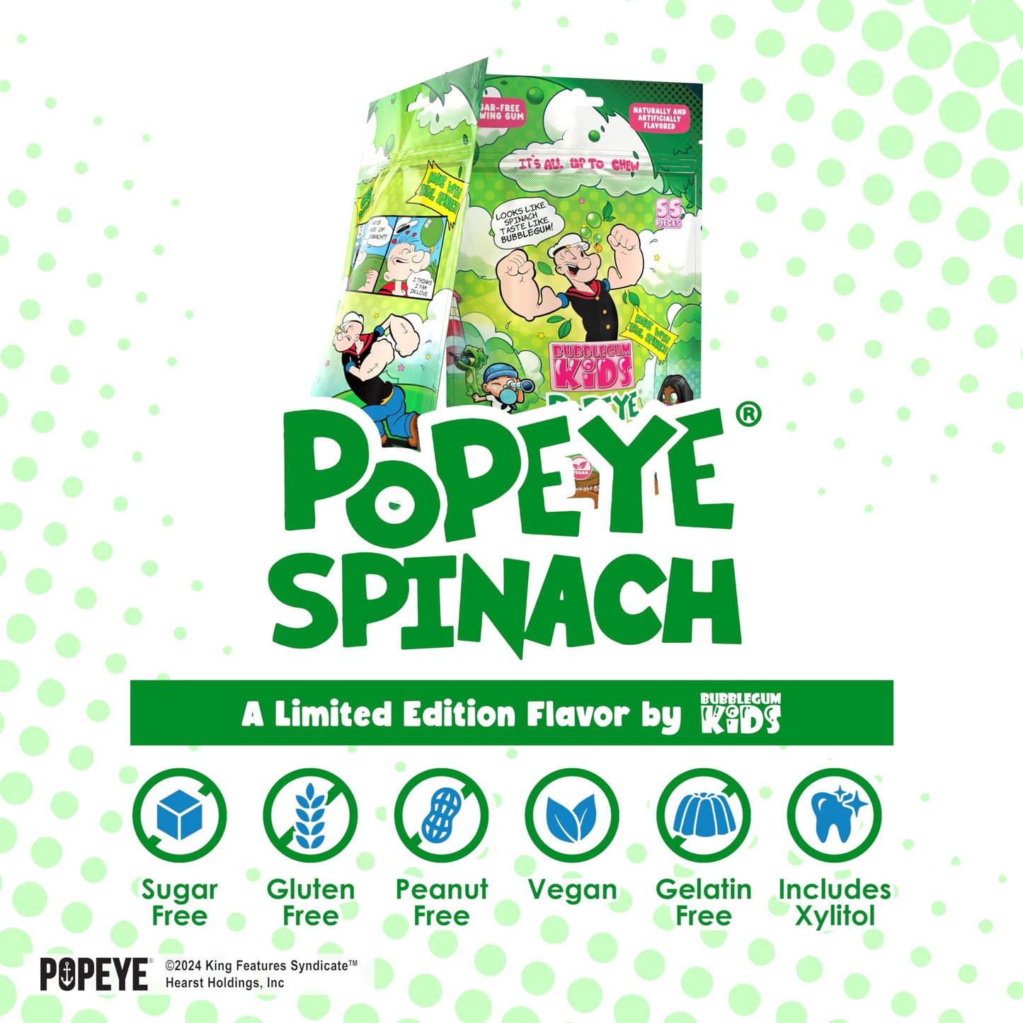 Bubblegum Kids Sugar Free Gum - For Kids And Adults - Xylitol Chewing Gum - Aspartame Free, Vegan Friendly - Popeye'S Spinach Ma