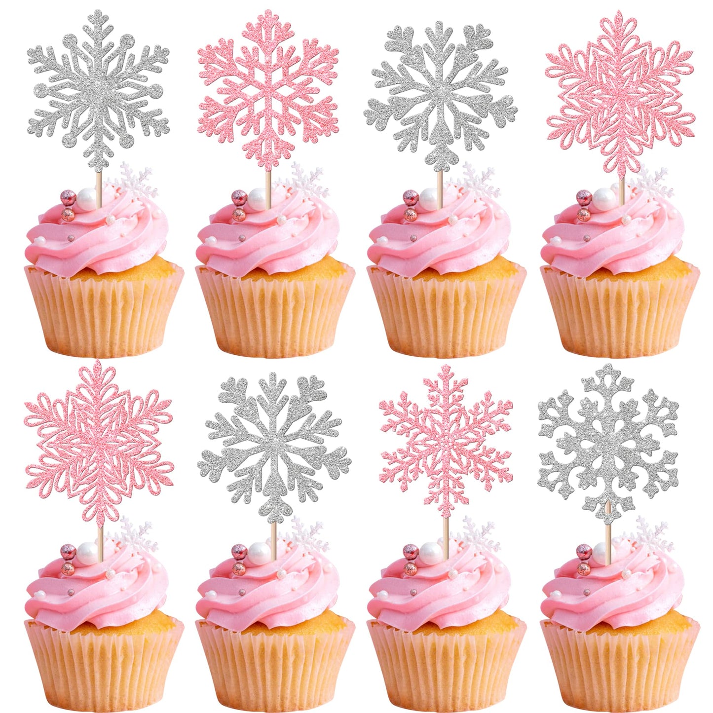 YCTHUNFISH 24 Pack Cupcake Toppers Glitter Snowflake Decorations, Pink & Silver, Paper, Ideal for Winter Parties and Baby Showers