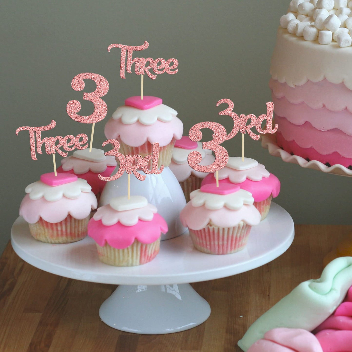 24 Pack Three Cupcake Toppers Glitter 3rd Birthday Cupcake Picks for Baby Shower Third Birthday Party Cake Decorations Supplies