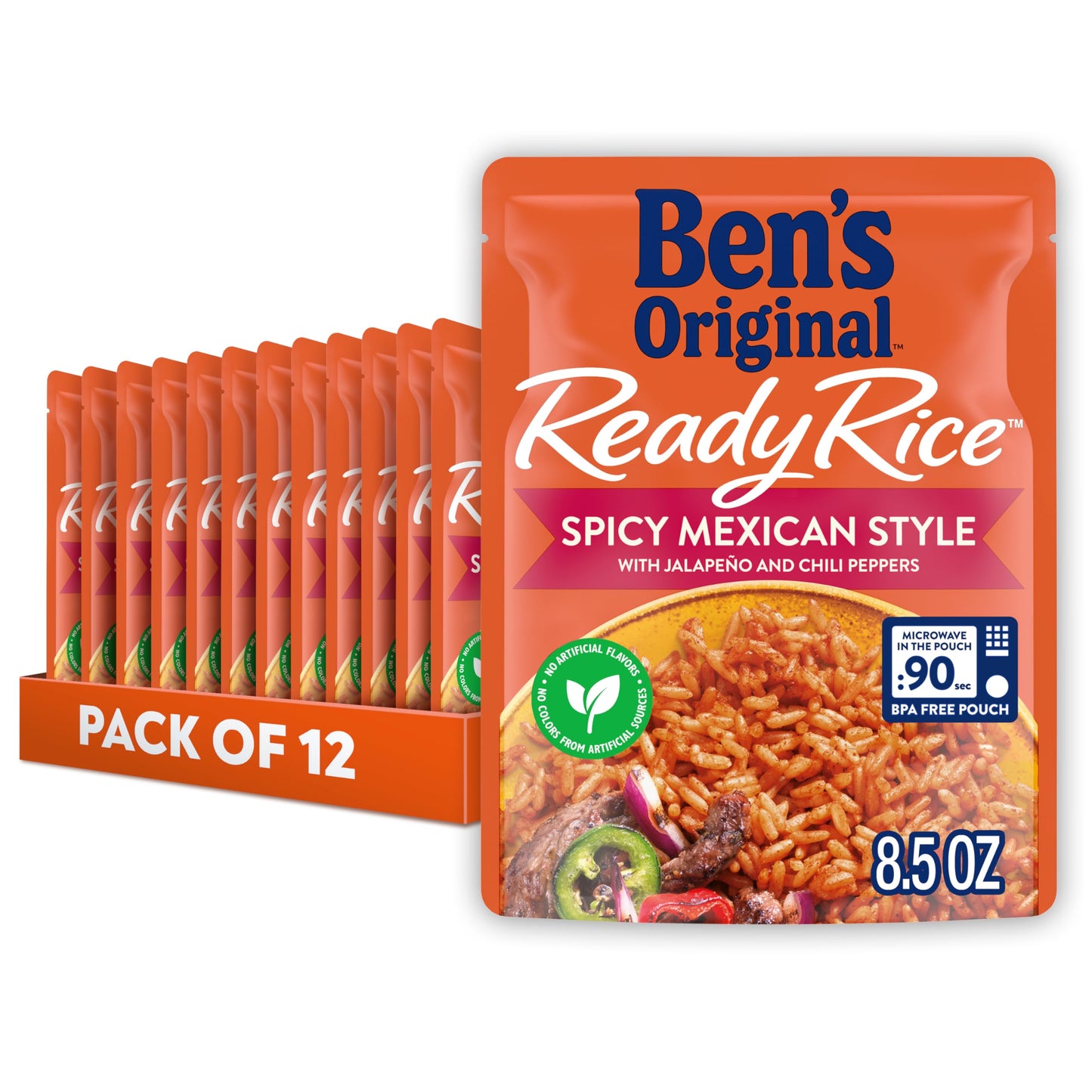 BEN S ORIGINAL Ready Rice Spicy Mexican Style Flavored Rice, Easy Dinner Side, 8.5 oz Pouch (Pack of 12)