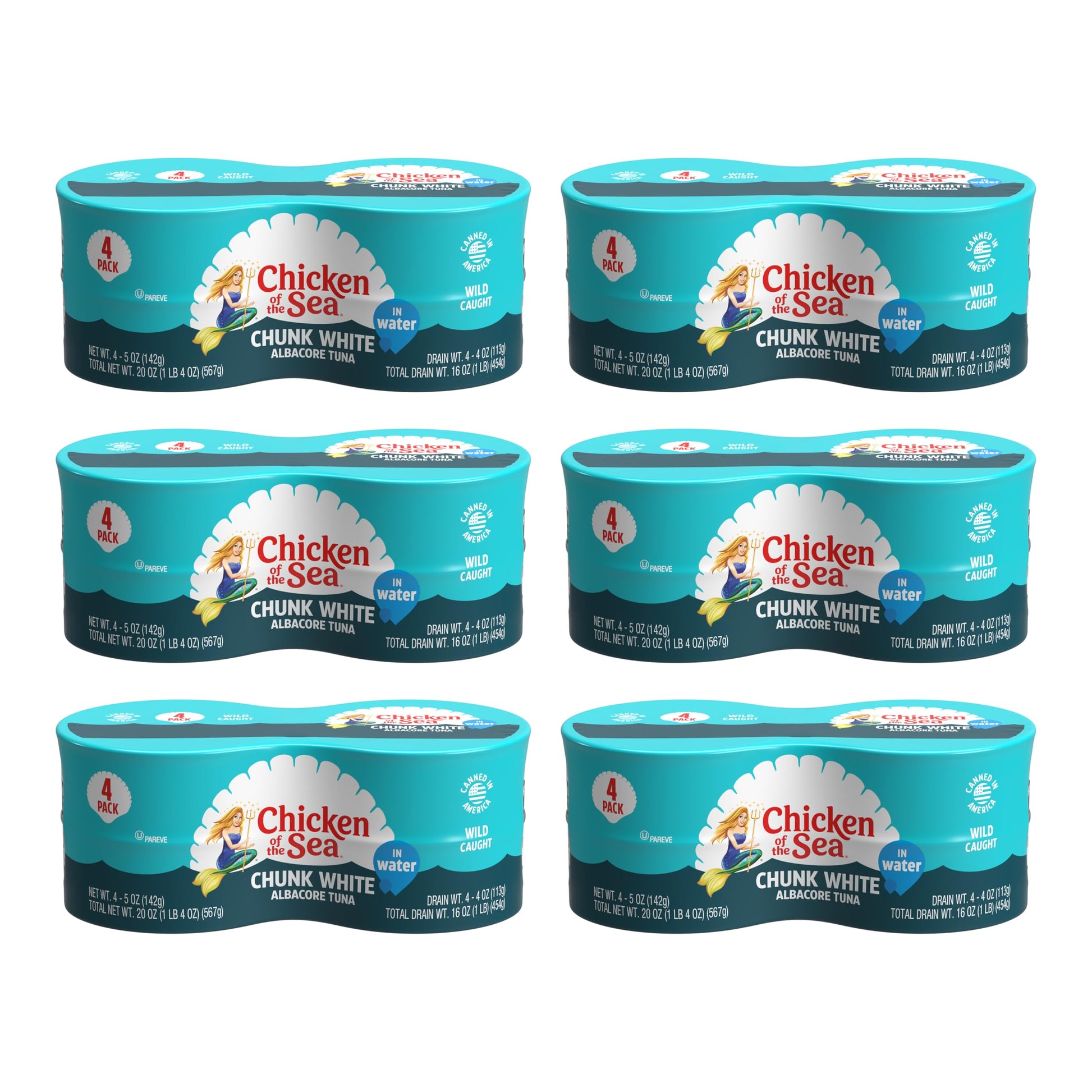 Chicken of the Sea Wild Caught Chunk White Albacore Tuna in Water, 5 oz Cans, 24-Count (6 Packs of 4-Count) - High Protein 100% 
