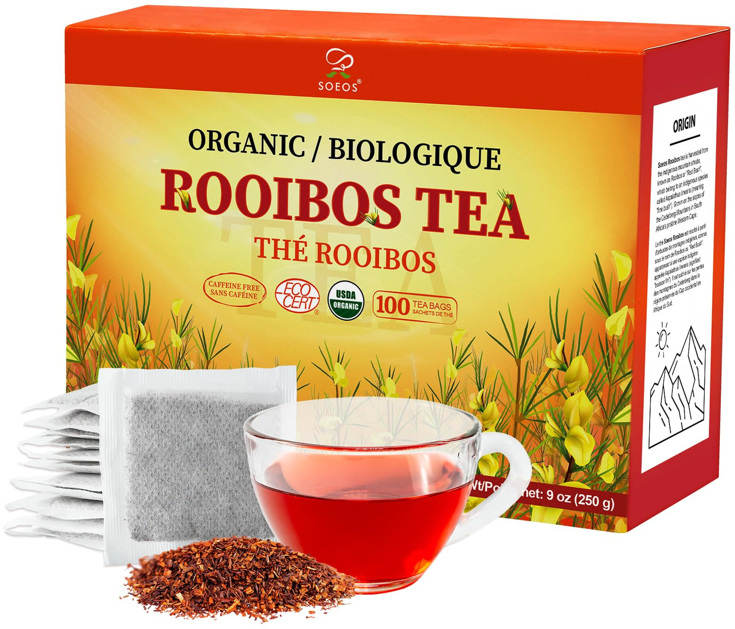 Soeos Organic Rooibos Tea, Naturally Caffeine Free, 100 Tagless Tea Bags, 9oz (250g), Black Tea
