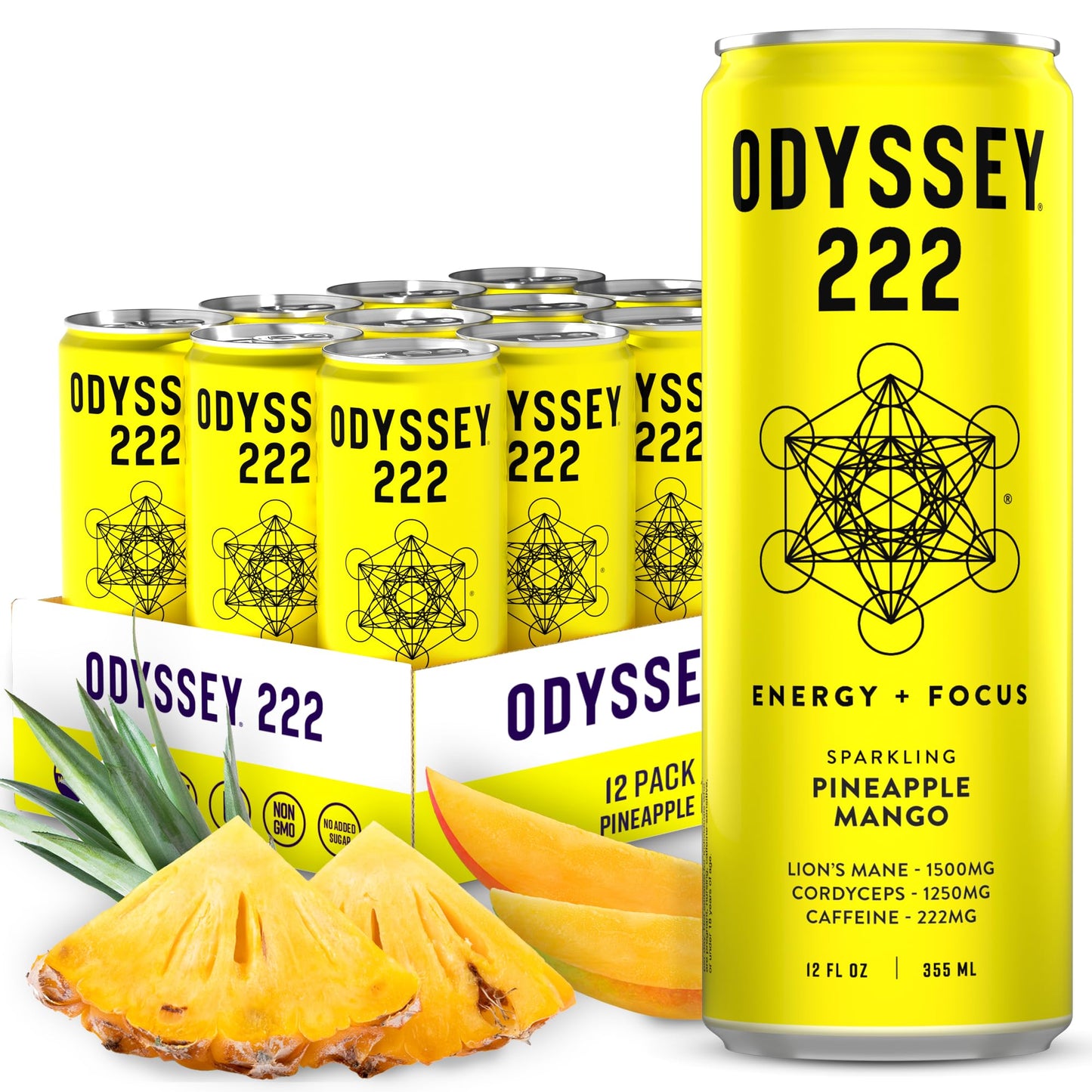 Odyssey Elixir - Odyssey 222 - Sparkling Energy Drink - 222 Mg Of Energy Blend - LionS Mane & Cordyceps - Energy & Focus - Endurance & Stamina - Nootropic - Pre Workout - Pineapple Mango