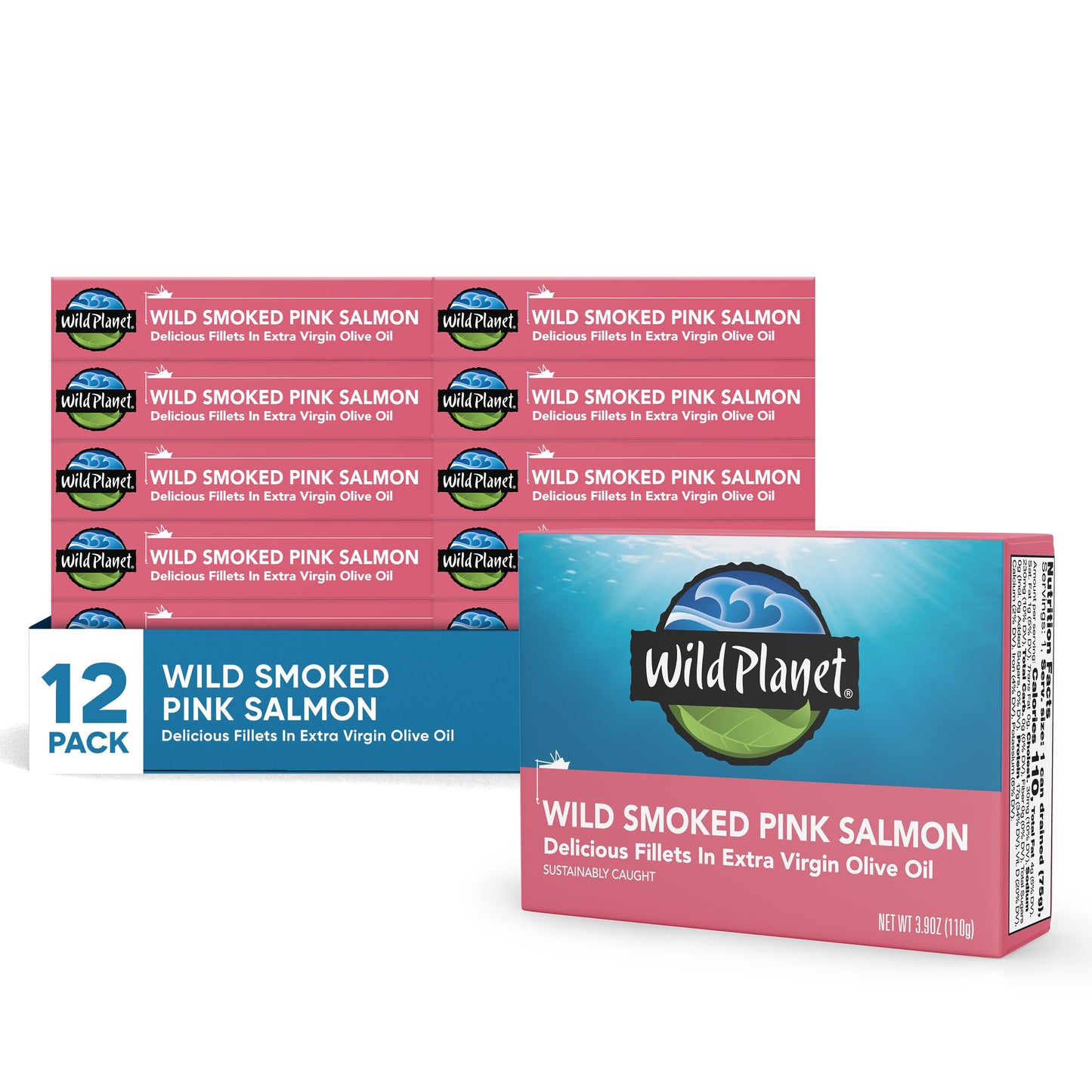 Wild Planet Wild Smoked Pink Salmon Fillets, Sustainably Caught, 3.9 oz, Pack of 12, Non-GMO, Keto, Paleo