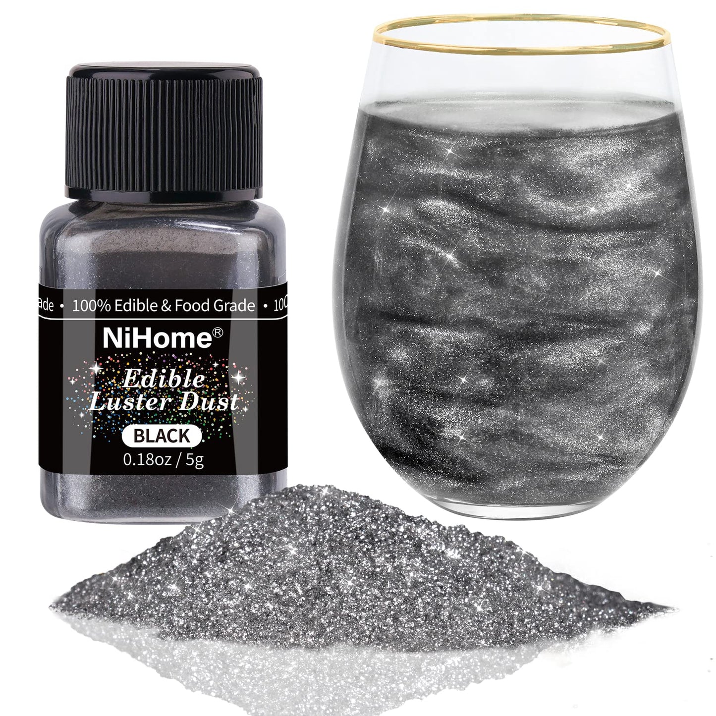 NiHome Edible Glitter Powder - Black Luster Dust for Food Decorating, 5g/0.18oz