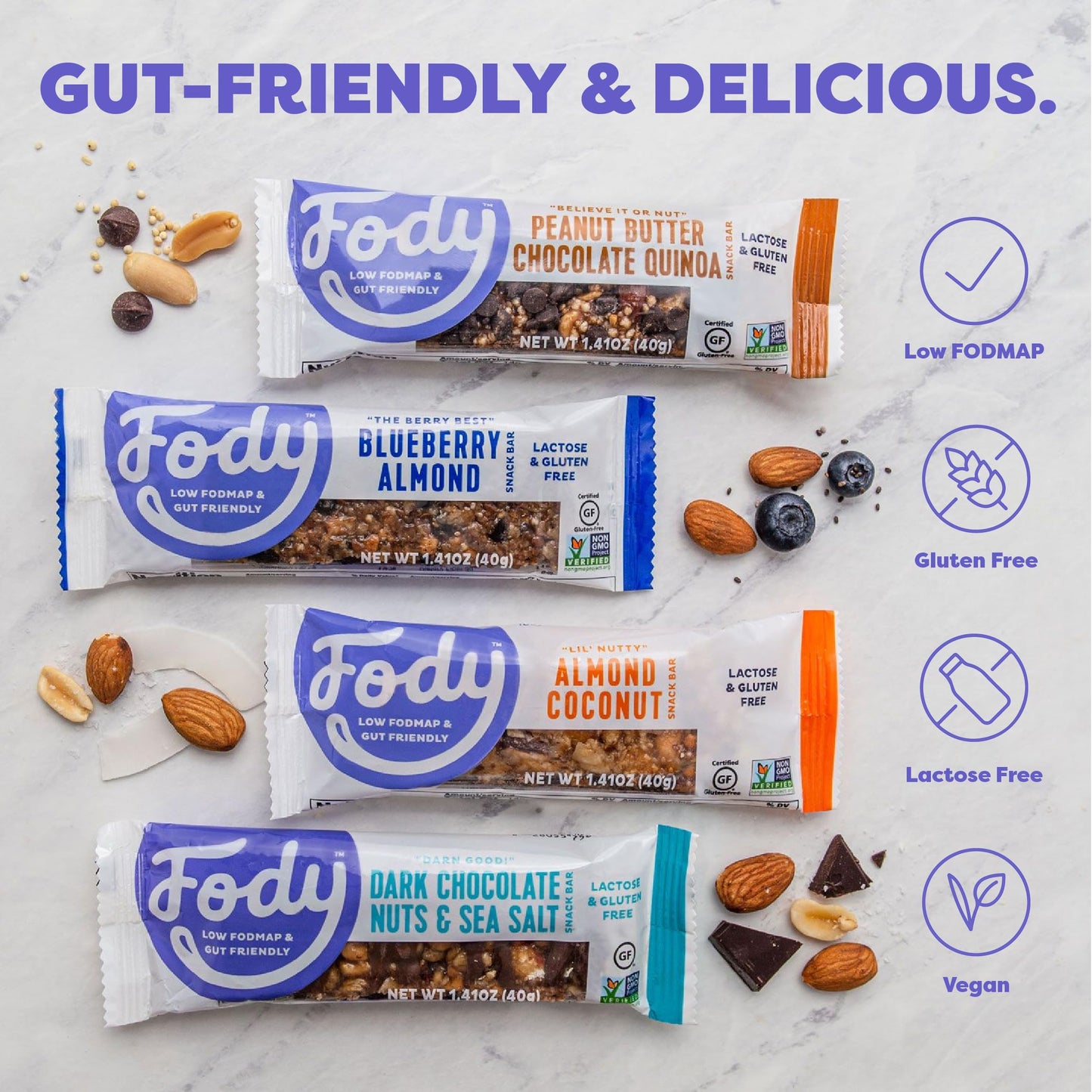 Fody Foods Vegan Protein Nut Bars, Almond And Coconut Flavor, 6G Protein Per Bar, Low Fodmap Certified, Sensitive Recipe, Gut &