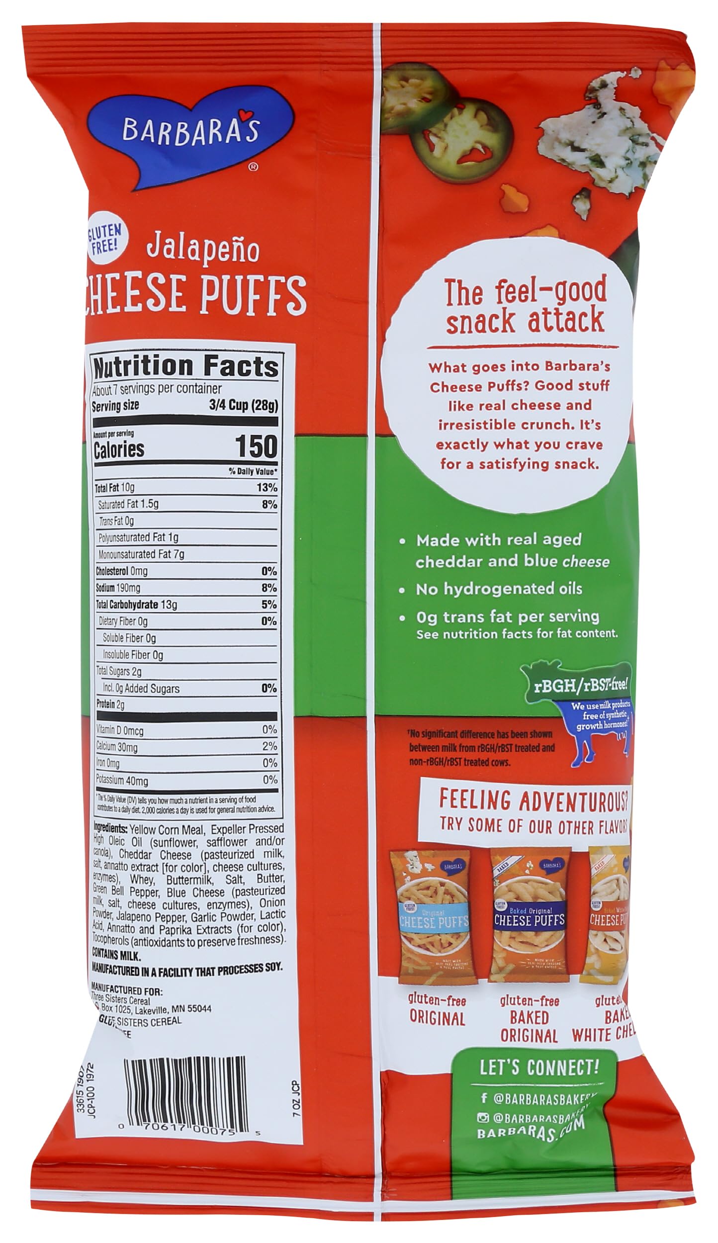 Barbaras Bakery, Puffs Cheese Jalapeno, 7 Ounce