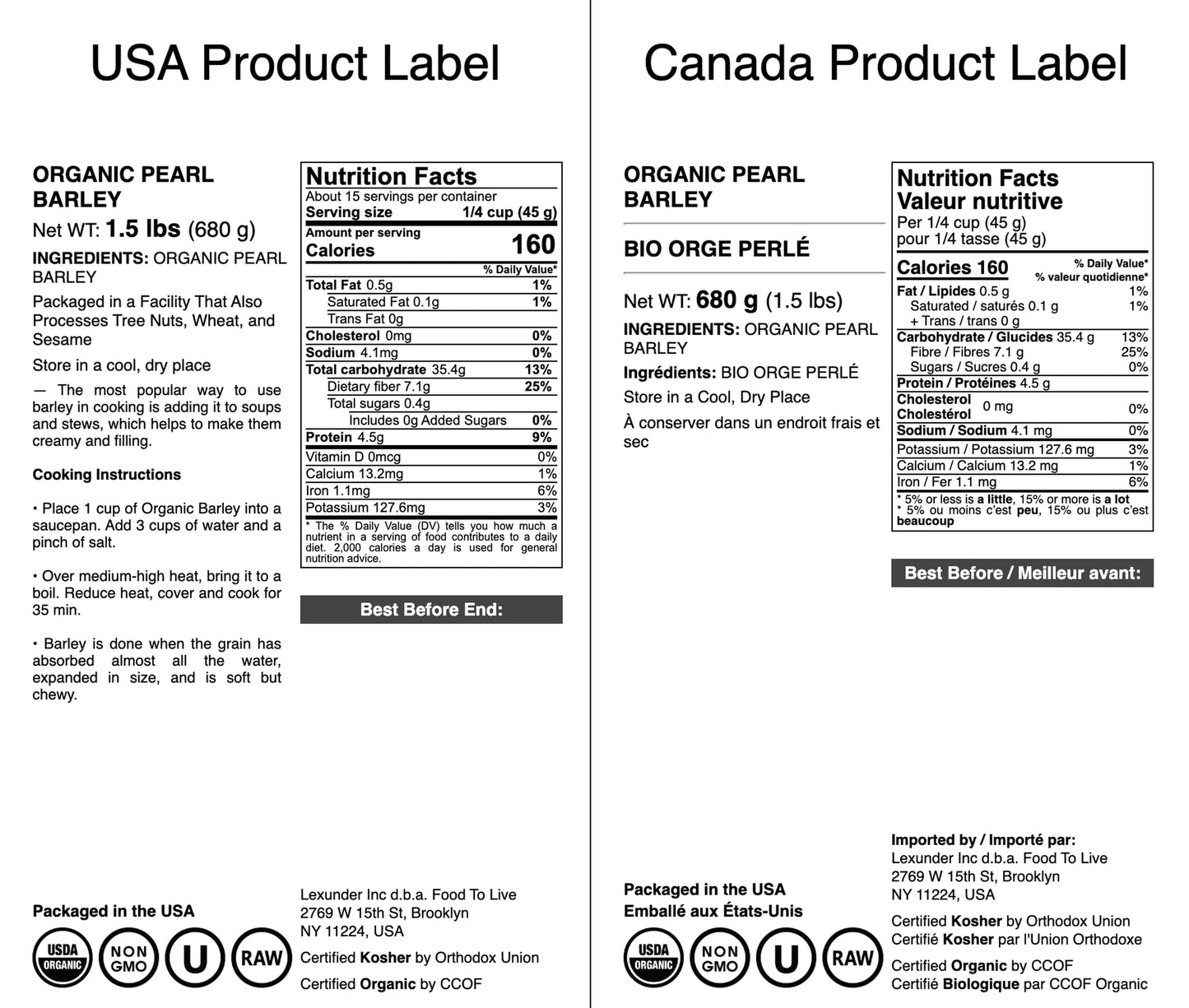 Food to Live Organic Pearl Barley, Non-GMO, Vegan, 1.5 Pounds