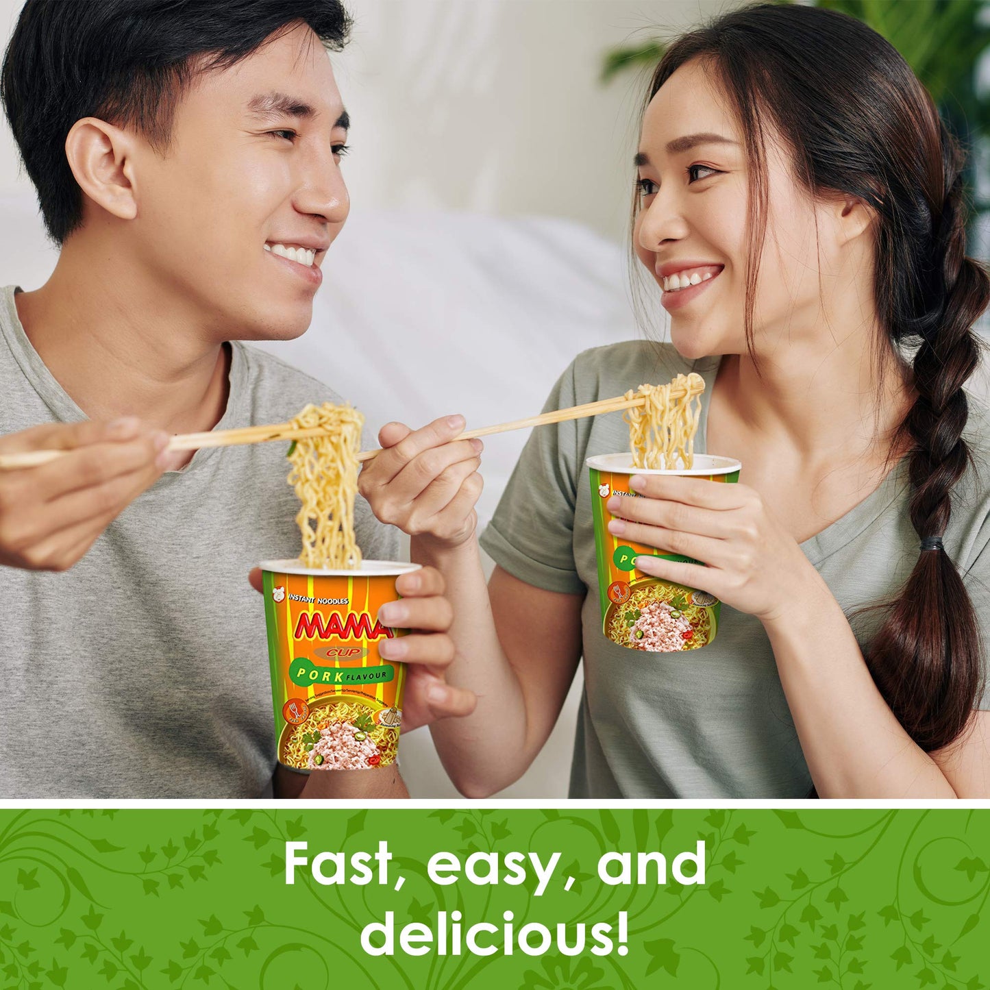 MAMA Noodles PORK Instant Cup of Noodles with Delicious Thai Flavors, Hot And Spicy Noodles with Pork Soup Base, No Trans Fat wi